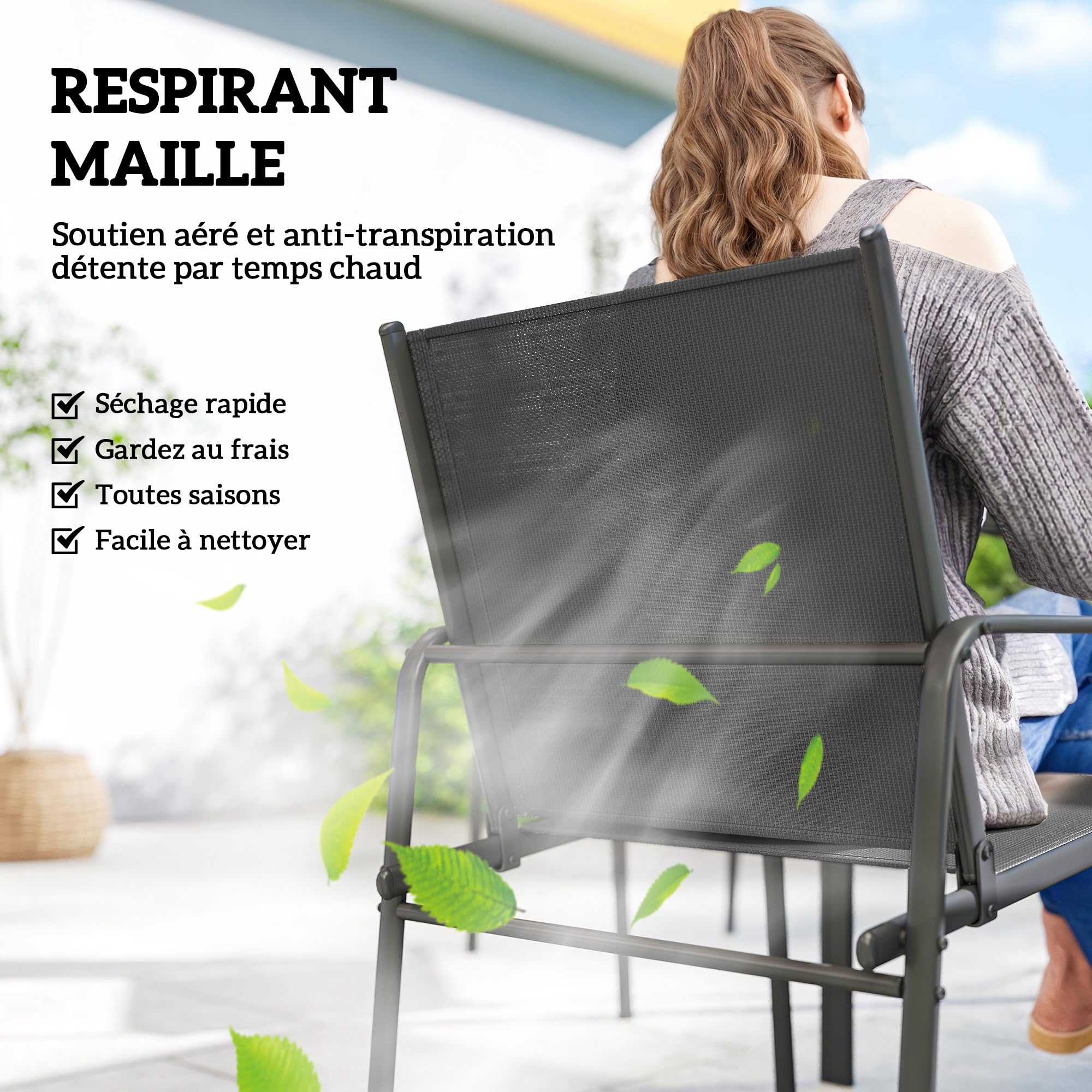 Outsunny Ensemble de Salle à Manger Extérieur 7 Pièces pour 6 Personnes, Table de Patio Effet Bois et Chaises avec Assise en Maille Respirante, Mobilier de Jardin avec Cadre en Acier Galvanisé, Noir
