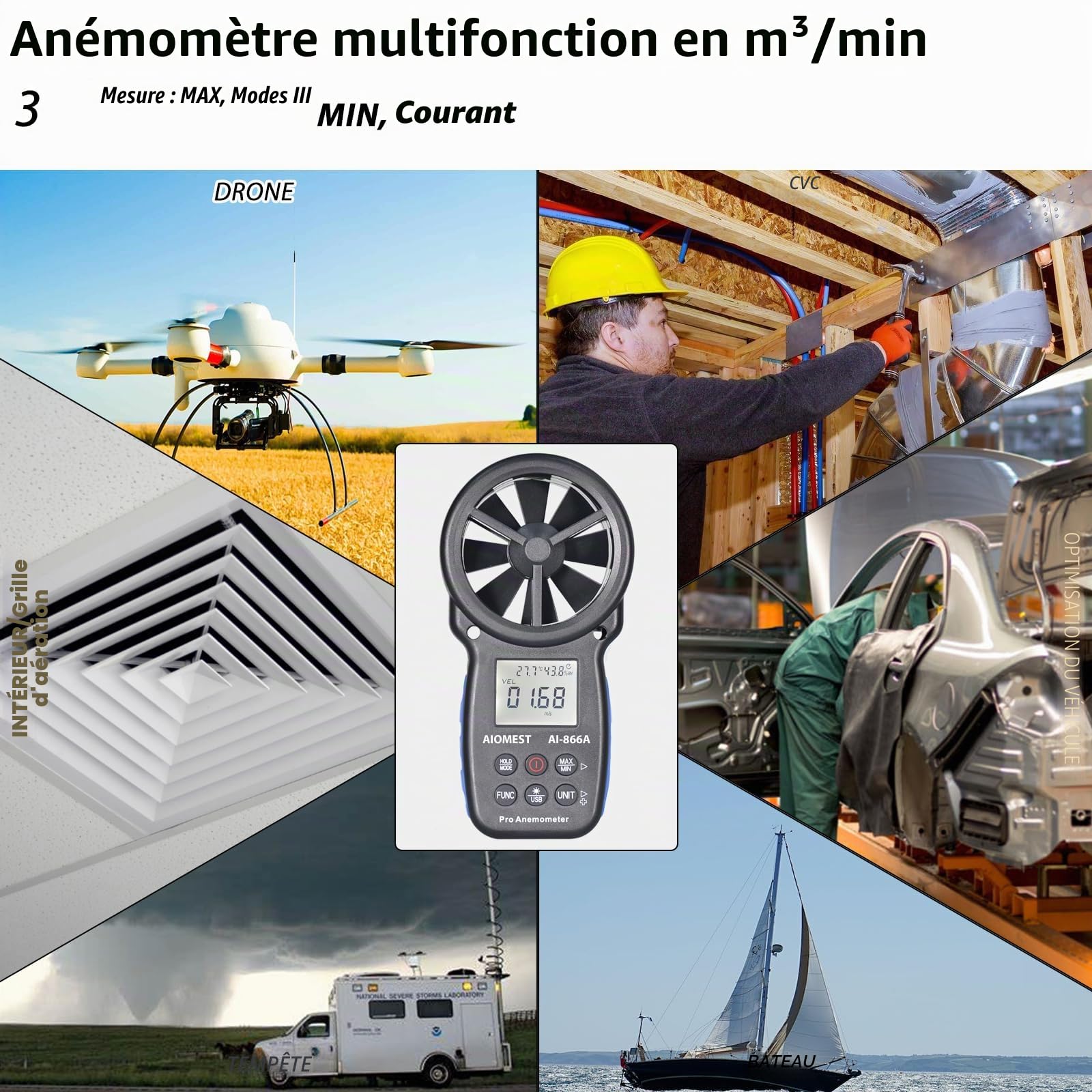 Anémomètre VMC m3/h Professionnel, AIOMEST Numérique Débitmètre d'Air AI-866A Mesurant la Vitesse, le Débit HVAC, Humidité, la Température pour Ventilation CVC, Extérieur Drones