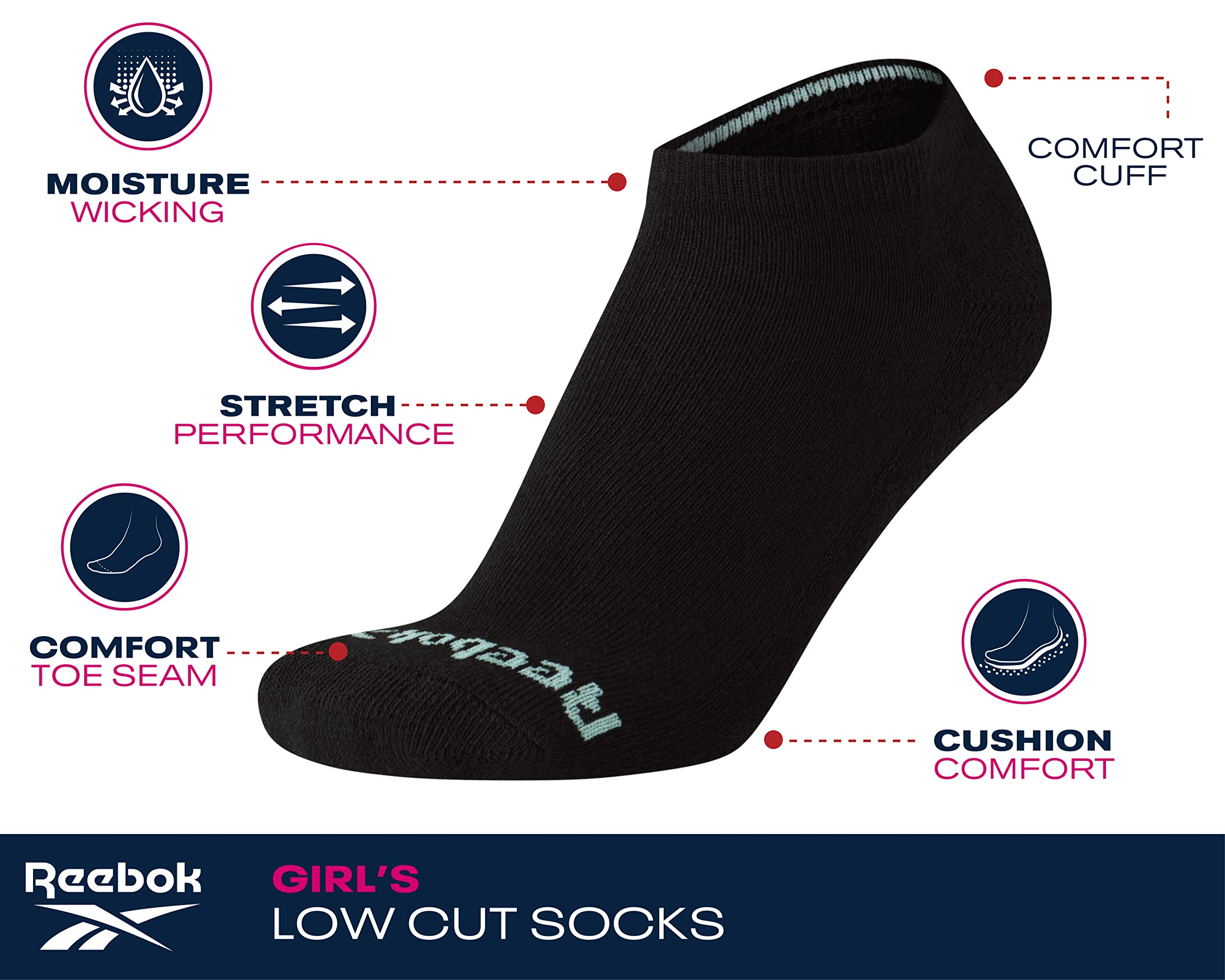 Reebok Niedrig geschnittene Socken für Mädchen, 6 Stück, leistungsstark, niedrig geschnitten, keine Show Socken für Mädchen – Sportsocken für Mädchen