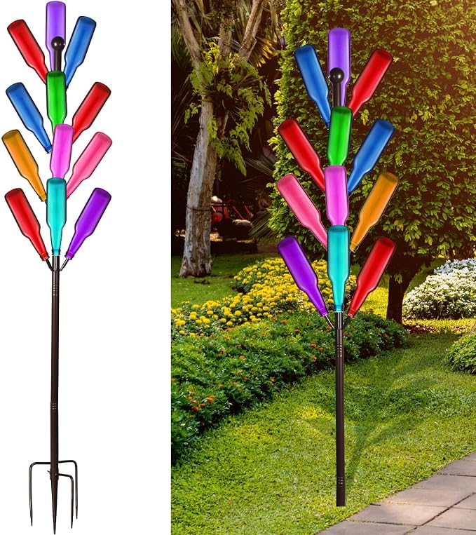 Therwen Bottle Tree Holds 12 Glass Bottles 5.25 ft Garden Colorful Decorative Holder for Outdoor Yard Fall Harvest Halloween Yard Decor