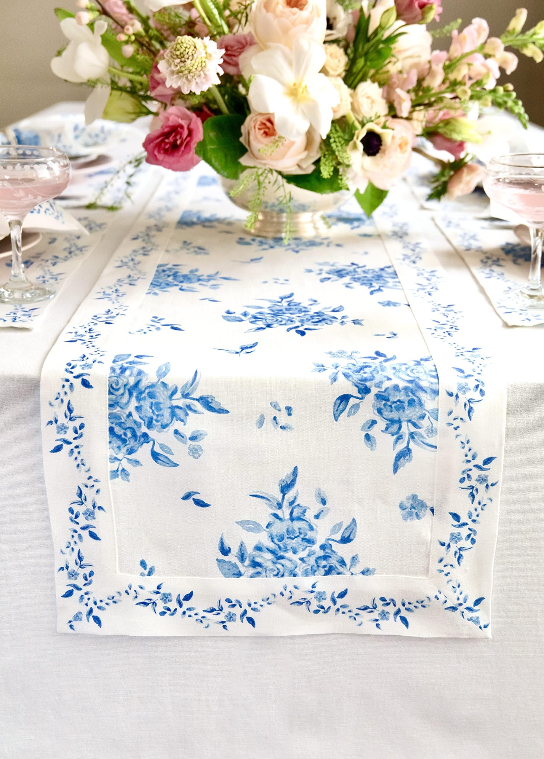 Solino Home Blue Floral Table Runner 72 Inches Long - 100% Pure Linen Table Runner 14 x 72 Inch for Summer - Handcrafted and Machine Washable - Jolie Fleur Print