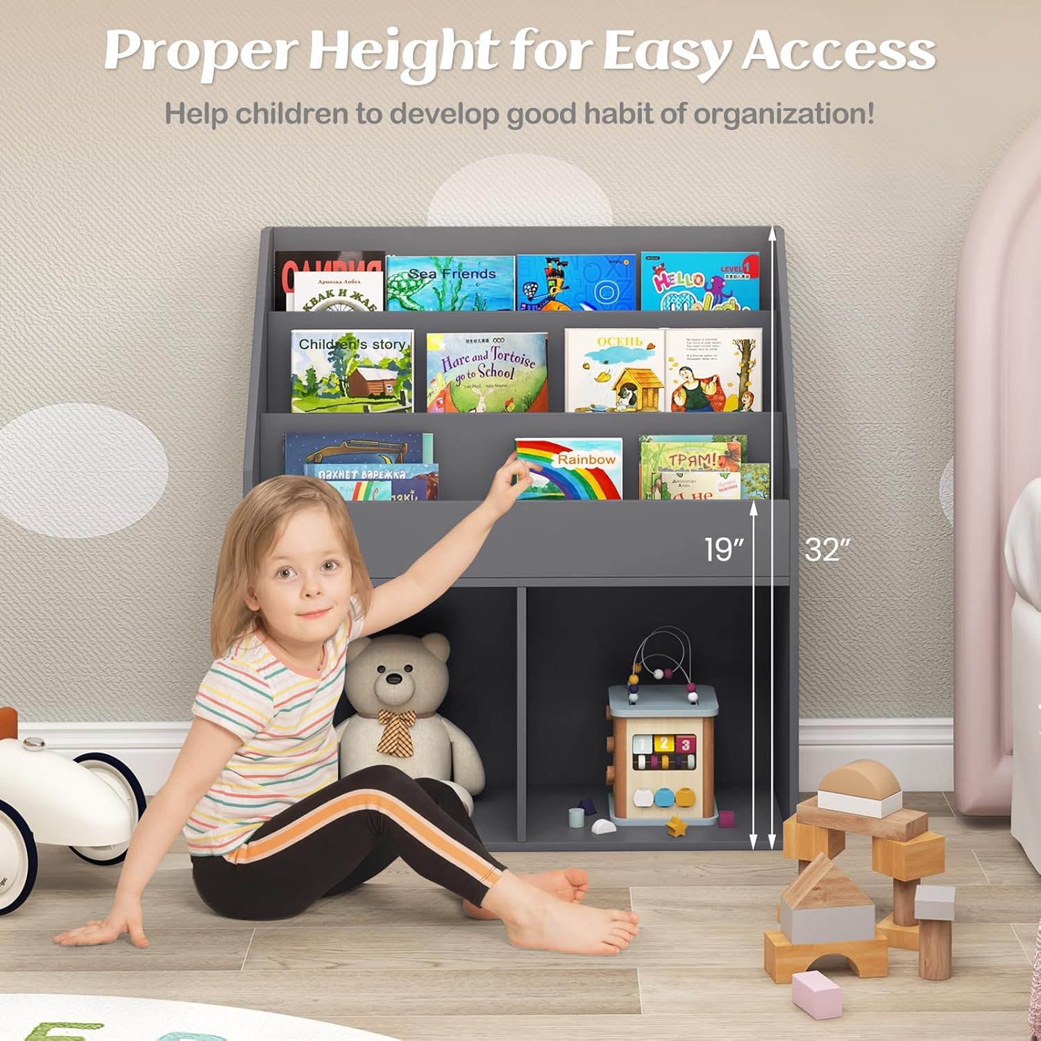 Costzon Kids Bookshelf, Wooden Toy Storage Cabinet Organizer w/Shelves, 2 Large Cubes & Anti-Tipping Devices, Children Bookcase Display Sling Book Rack for Kids Room, Nursery, Kindergarten (Gray)