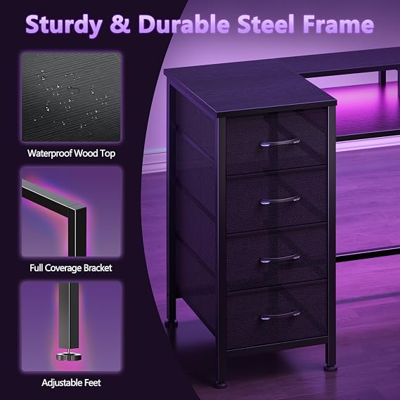 Korfile 47 Inch Gaming Computer Desk with Power Outlets,LED,5 Drawers,Black