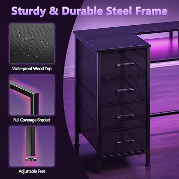 Korfile 47 Inch Gaming Computer Desk with Power Outlets,LED,5 Drawers,Black
