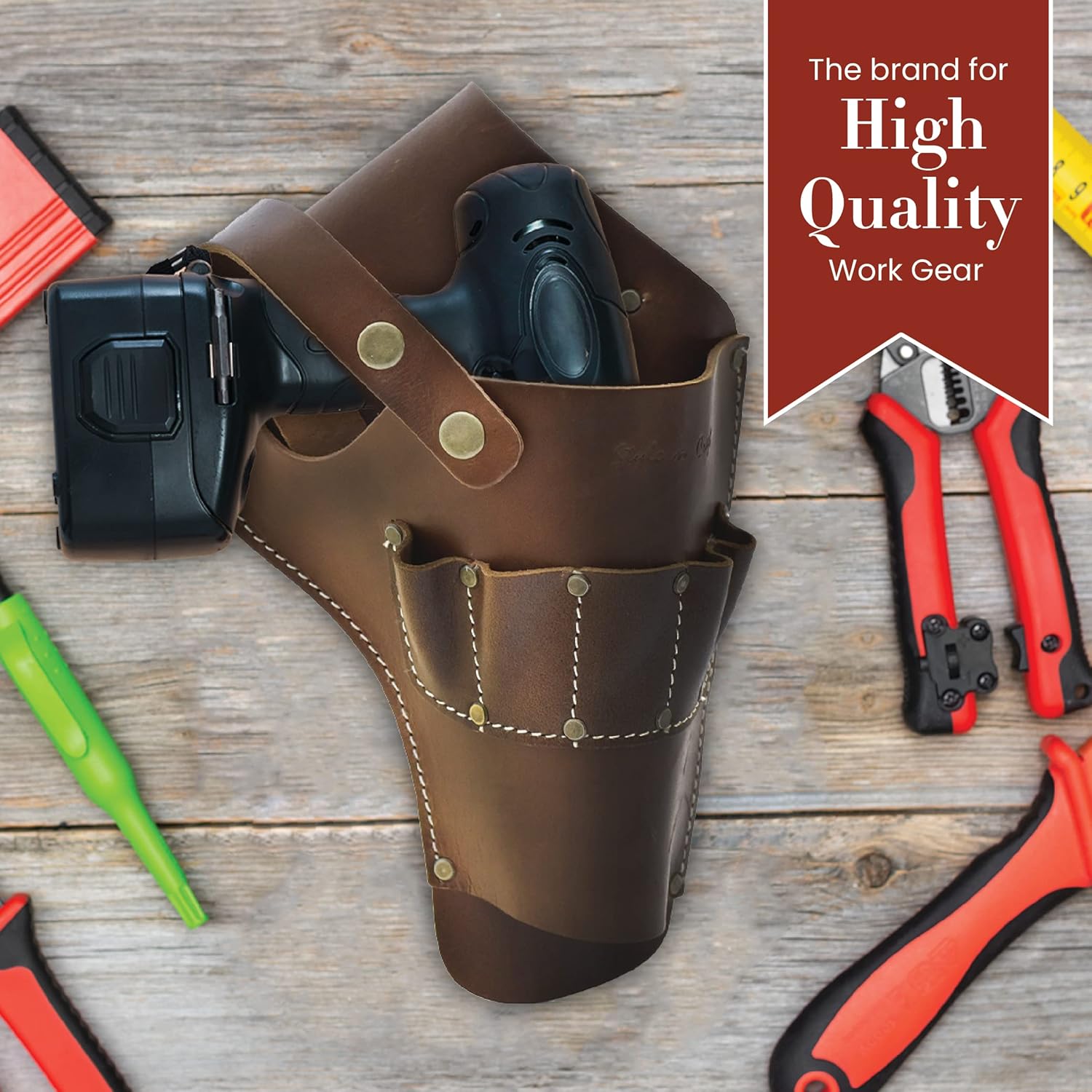 Style N Craft Cordless Drill Holster, Full-Grain Leather Drill Holder, Drill Holster with Full-Grain Leather Pockets for Drill Bits, Compatible with Most T-handle Drills, Dark Tan (98000)