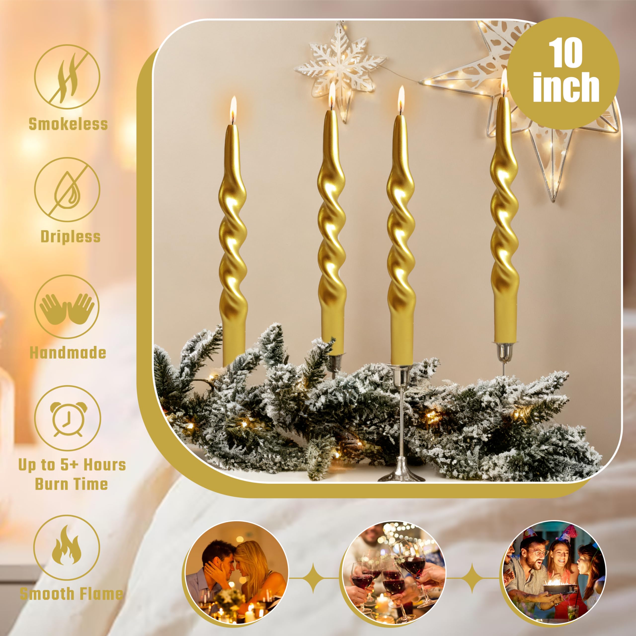 Velas en espiral de Navidad, velas cónicas doradas, candelabro sin perfume para regalo de invierno, vacaciones, Navidad, decoración del hogar