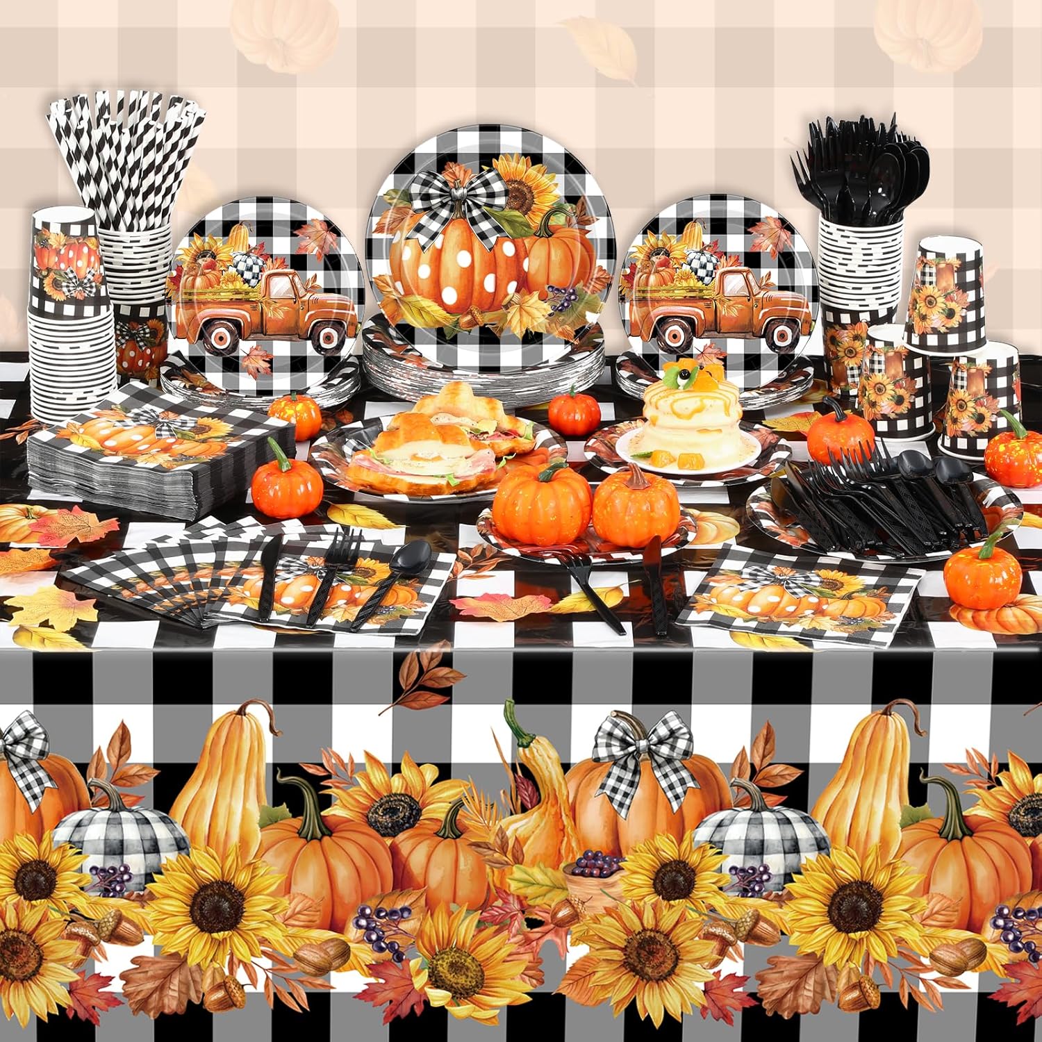Funnymoom 452 Pcs Fall Thanksgiving Party Decorations, Black White Buffalo Plaid and Orange Pumpkin Maple Leaves Paper Plates Napkins Cups Tablecloth Cutlery Straws for Autumn Harvest Party Supplies