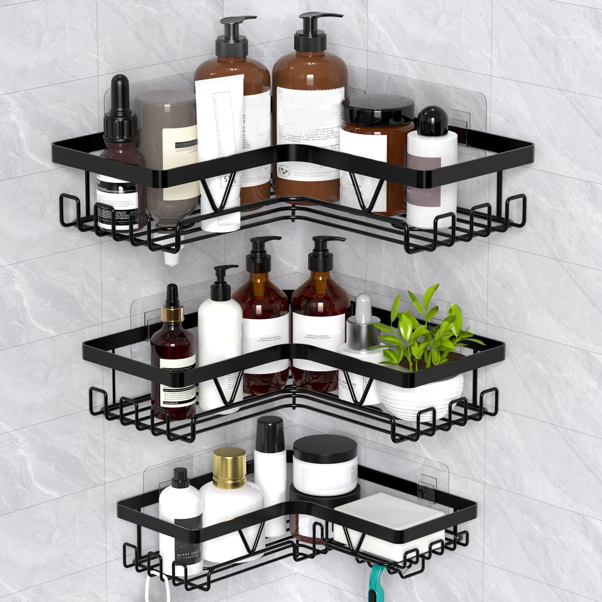Kegii Corner Shower Caddy, Bathroom Shower Organiser Shower Storage with Soap Holder, No Drilling Bathroom Corner Shelves, Black 3 Pack