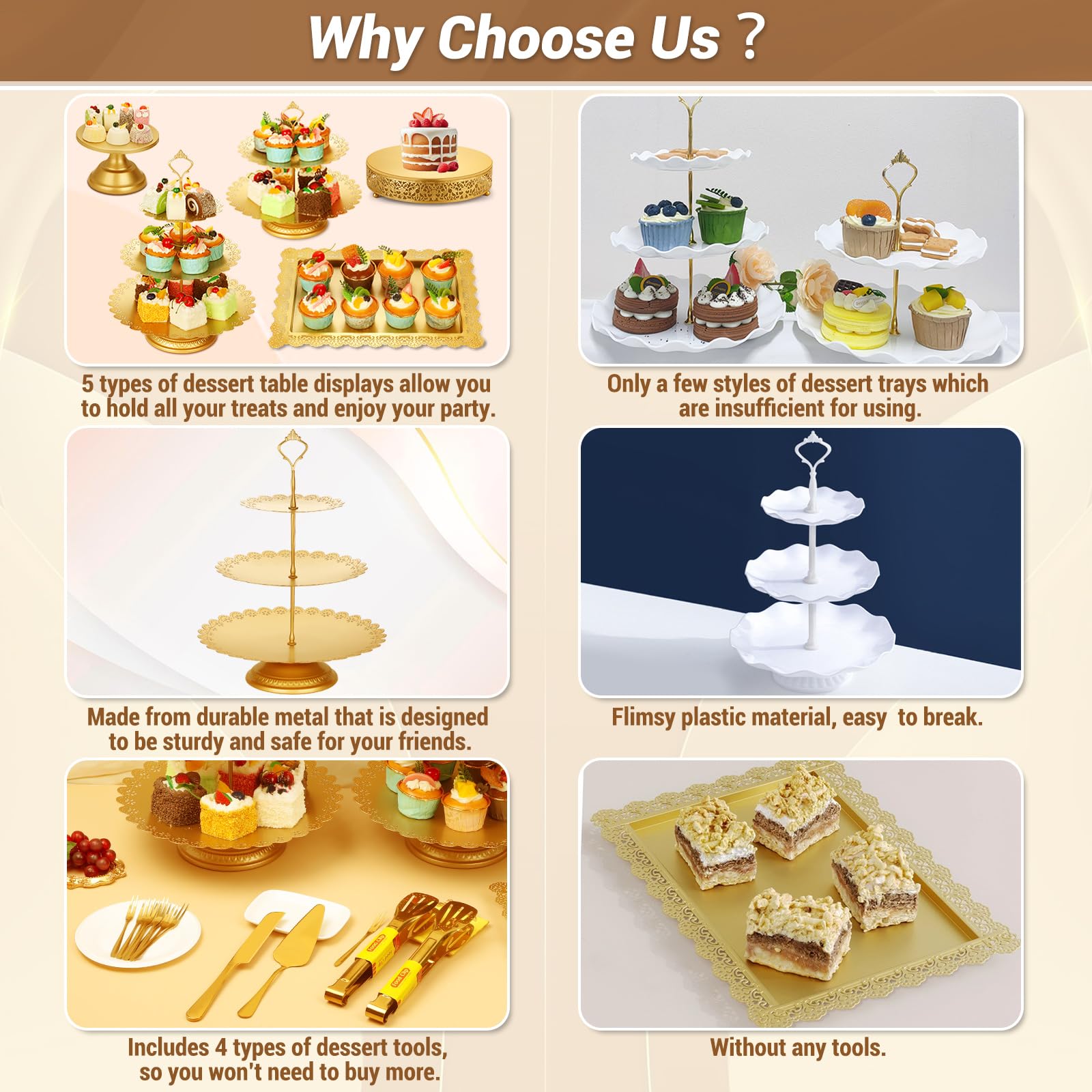 Cupcake Stand Set, 19 PCS Dessert Table Display Set Gold Metal Cake Stands with Tiered Tray Stands Cake Platter Cake Knife and Server Set for Party, Candy Table Display Set for Wedding Birthday Baby Shower