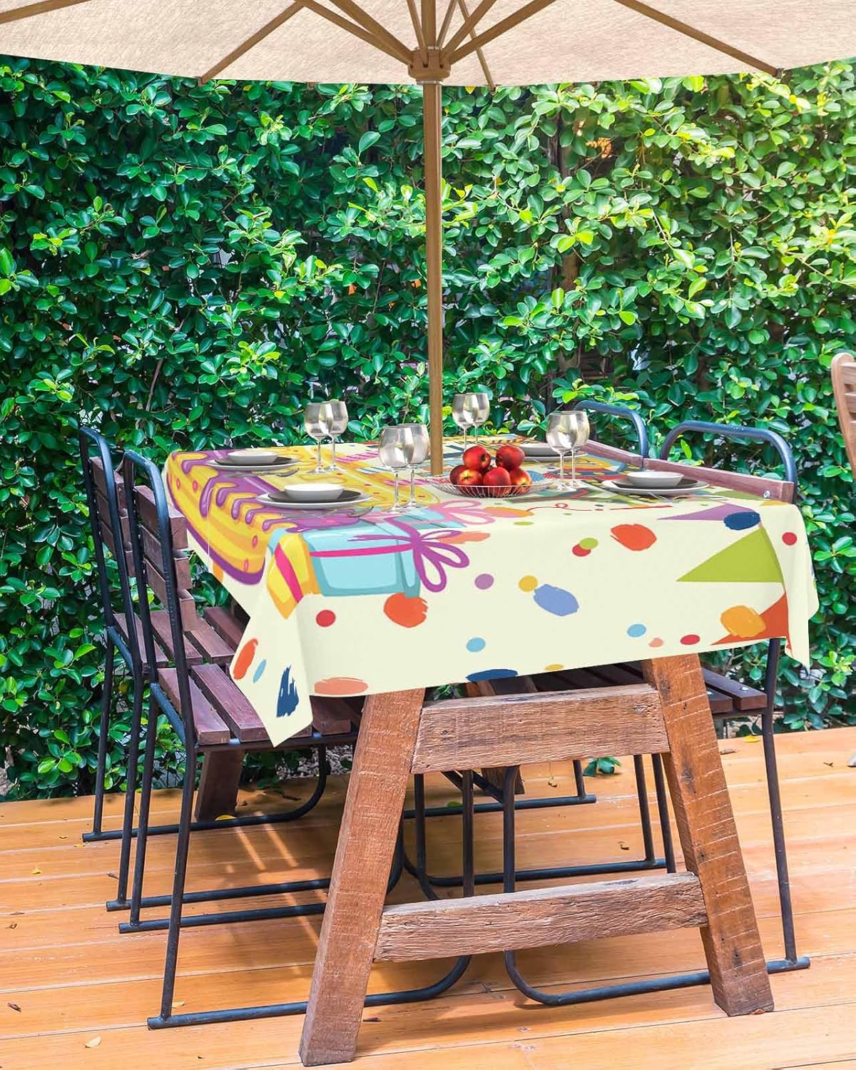 Birthday Cake Blue Outdoor Rectangle Tablecloth with Umbrella Hole 54x80, Wrinkle Free Wipeable Fabric Table Cloth Waterproof Zippered Cover for Camping Picnic Patio Party, Colorful Ribbon Stars Gifts