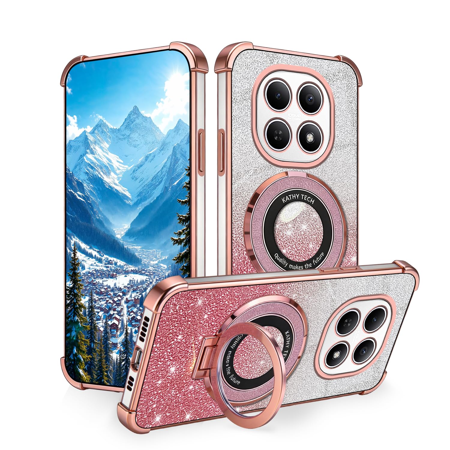Silicone Case Compatible with Xiaomi Redmi Note 15 Pro 4G Case with Ring Holder Kickstand, Phone Case for Redmi Note 15 Pro 4G Funda Clear Glitter Shockproof Cover (Rosa)