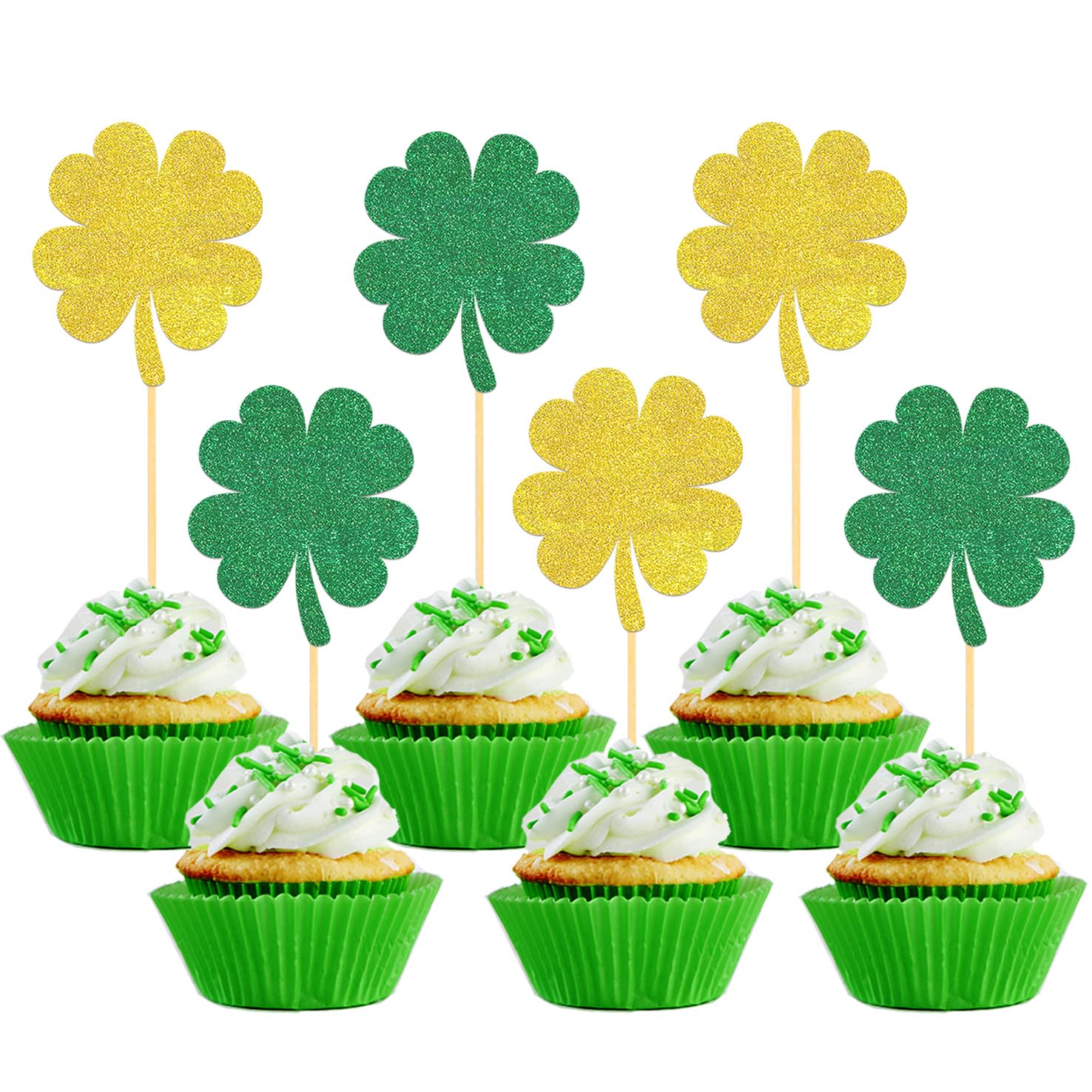 24 PCS Glitter Lucky Four Leaf Clover Cupcake Toppers, St.Patrick's Day Shamrock Cake Toppers for for St Patrick's Day Party Decorations (Trefoil A)