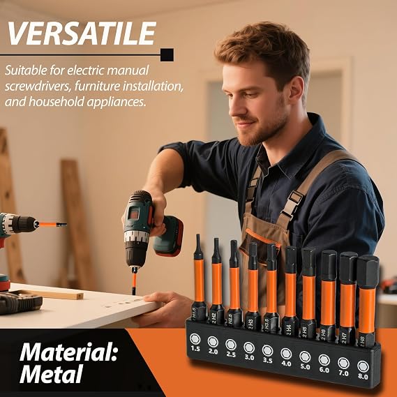 Allen Key Drill Bit Set, 10 Pcs (1.5mm-8mm) Hex Bits Allen Key Screwdriver Set for Electric Manual Screwdrivers, Impact Driver