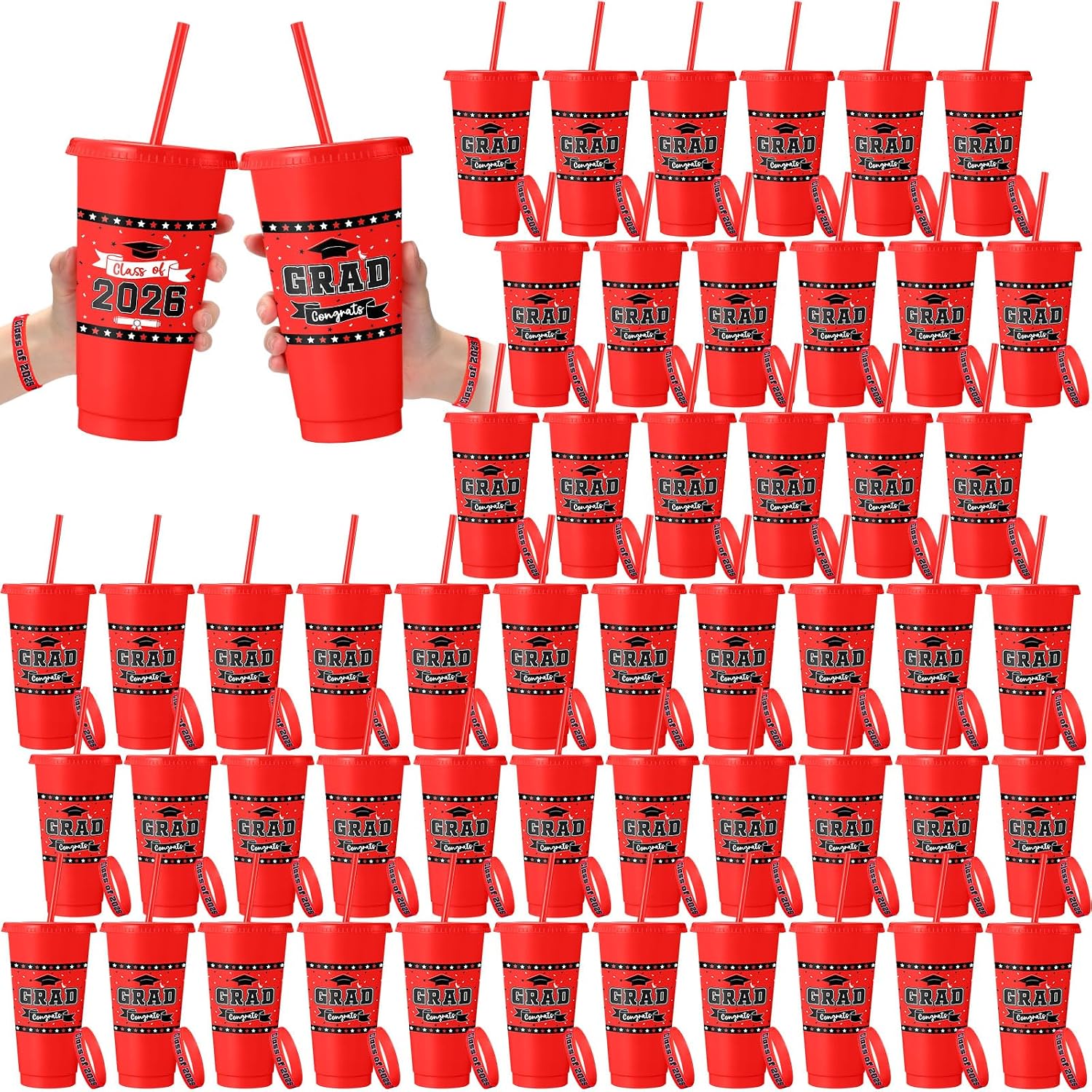 Skylety 50 Set / 100 Pcs 2026 Graduation Gifts Set Bulk Plastic 24oz Graduation Cups with Lid Straw and Class of 2026 Bracelet for Congrats Grad Events(Red)