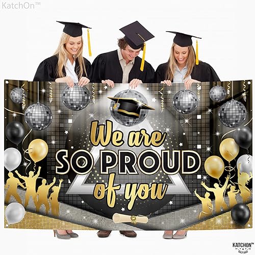 Miniatura 4 de KatchOn, Banner con texto en inglés We Are So Proud of You, grande, 72 x 44 pulgadas, pancarta de felicitaciones de discoteca, decoraciones de