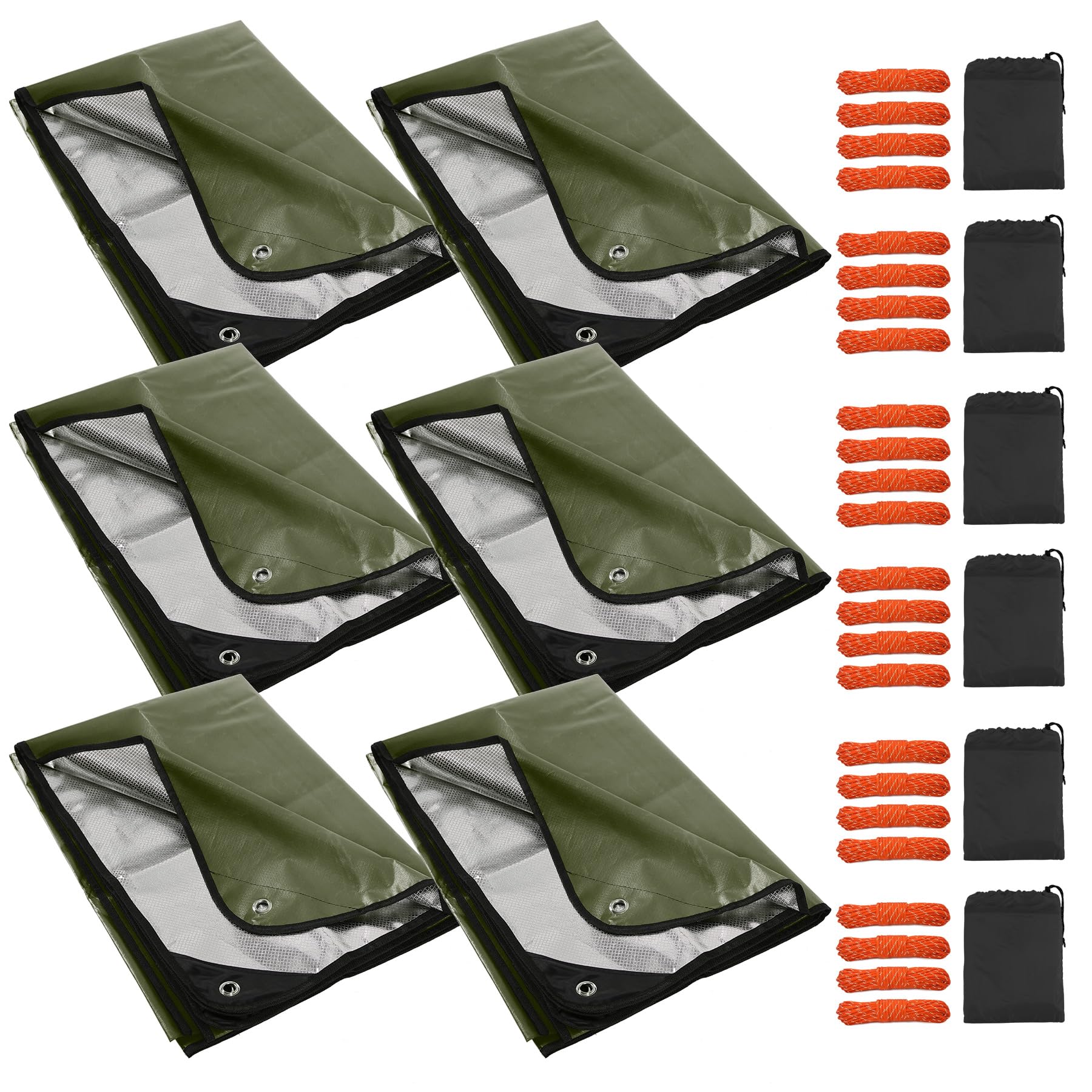 RedSwing Paquete de 6 lonas térmicas de emergencia resistentes al agua, manta de supervivencia aislada para acampar al aire libre, senderismo y refugio de emergencia, color verde