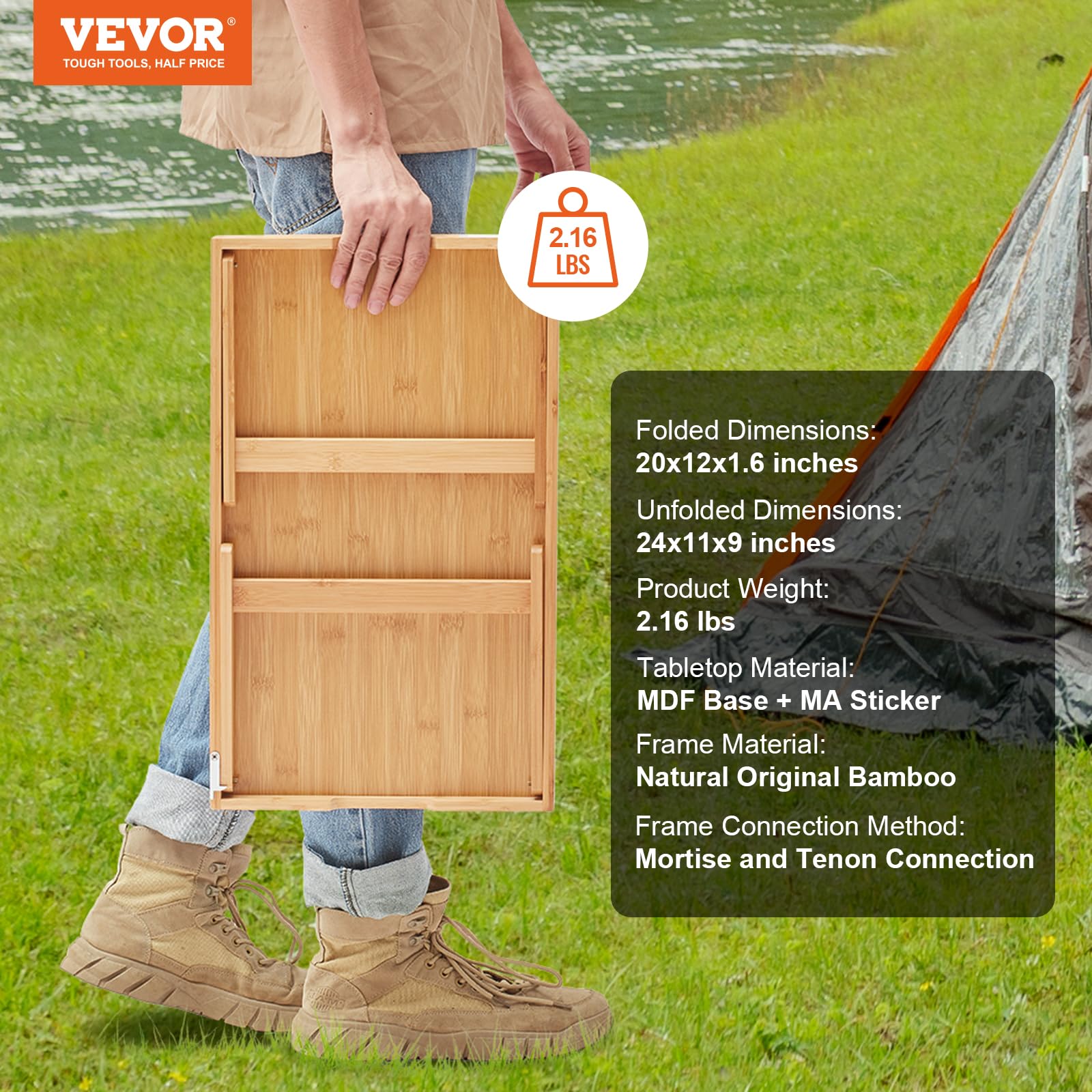 VEVOR Plateau de lit pliable en bambou, plateau de petit-déjeuner, canapé, lit, travail, plateau de service pliable pour ordinateur portable, plateau de nourriture portable pour pique-nique, 50 x 30