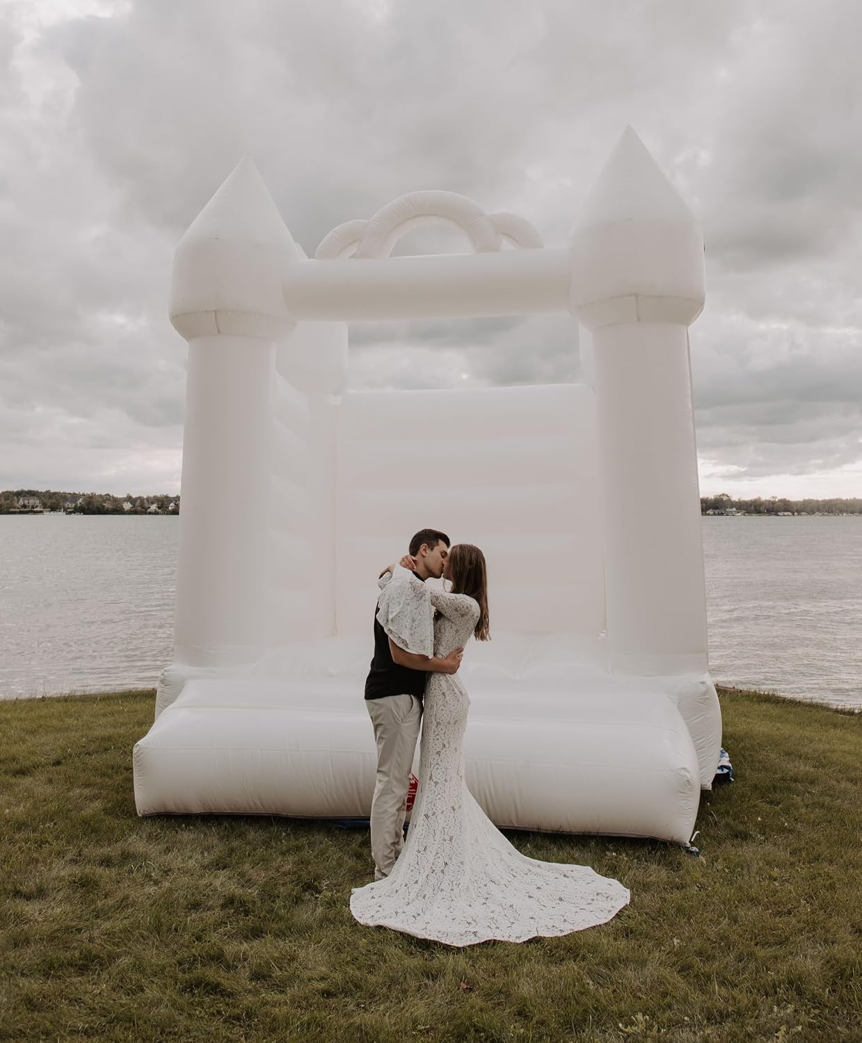 White Inflatable Bounce House - 13 x 12 x 14.5 Foot - Big Inflatable Bouncer Castle Unit for Weddings - Outdoor Party Bounce House with Blower, Stakes, & Storage Bag
