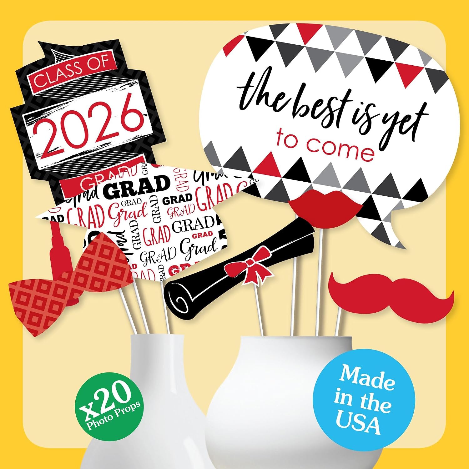 Big Dot of Happiness Graduation Props for Photoshoot 2026, 20-Count Set of High School Senior Photo Booth Props for Pictures and Graduation Party Decorations - Red