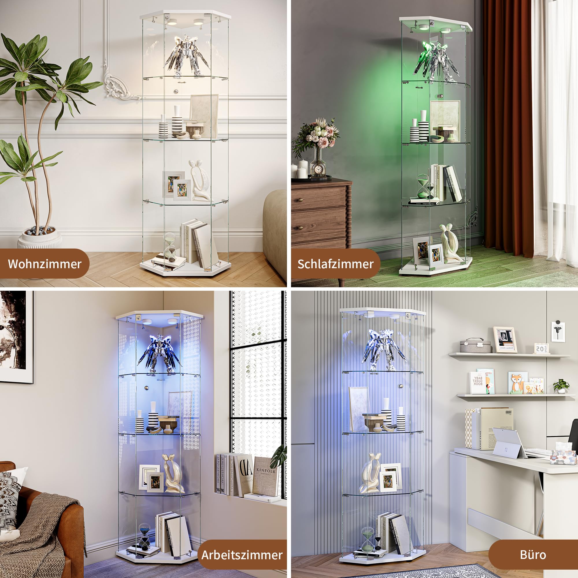 Vitrina de Esquina con Cristal, Vitrina de Cristal con LED, 1 Puertas, Vitrinas Blancas Cristal4 Capas Estanteria deCristal con Cerradura Columna Expositora VidrioVitrina Expositora Para Salon