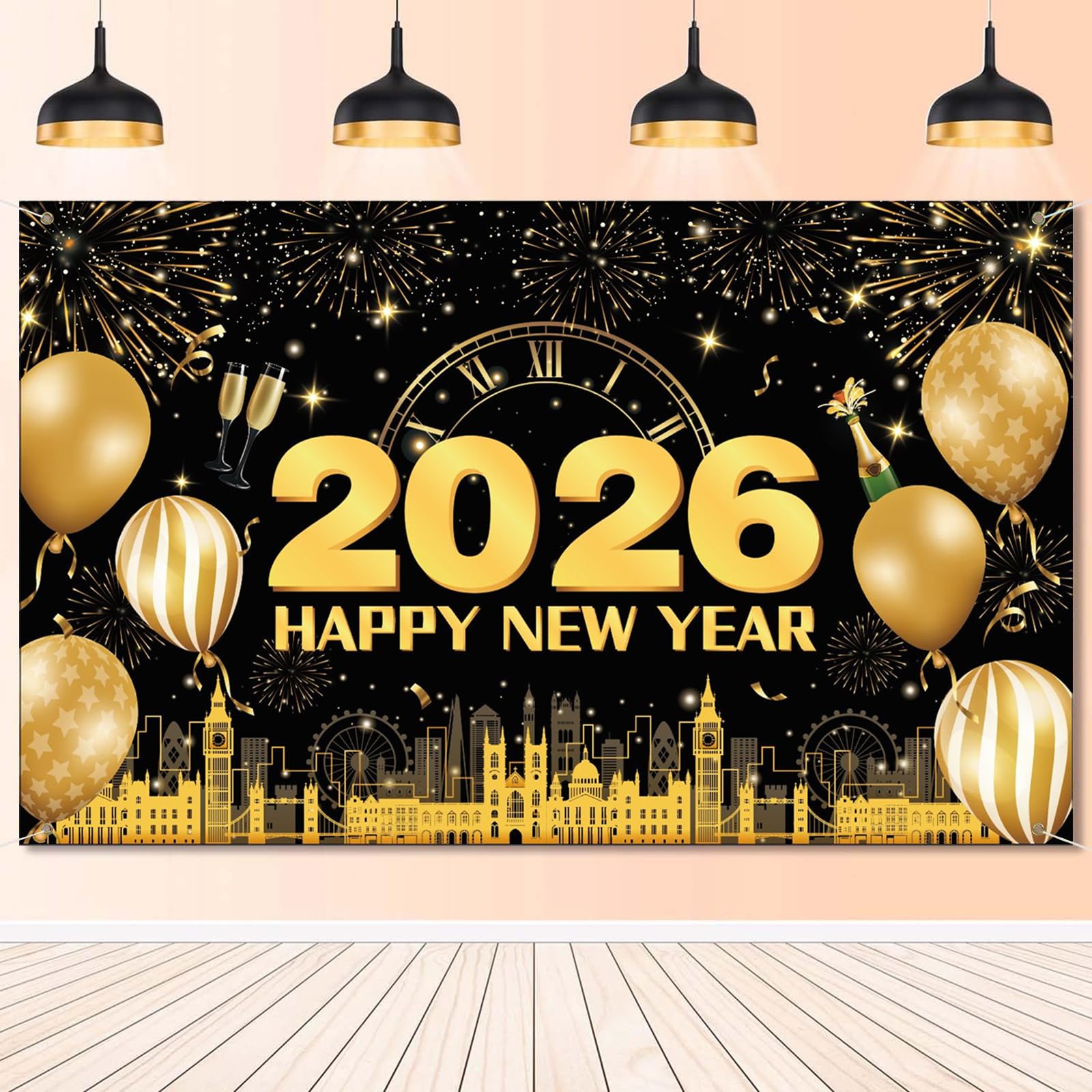 New Years Eve Decorations 2026, Happy New Year Banner 2026, Extra Large Black Gold Fireworks Balloon Background