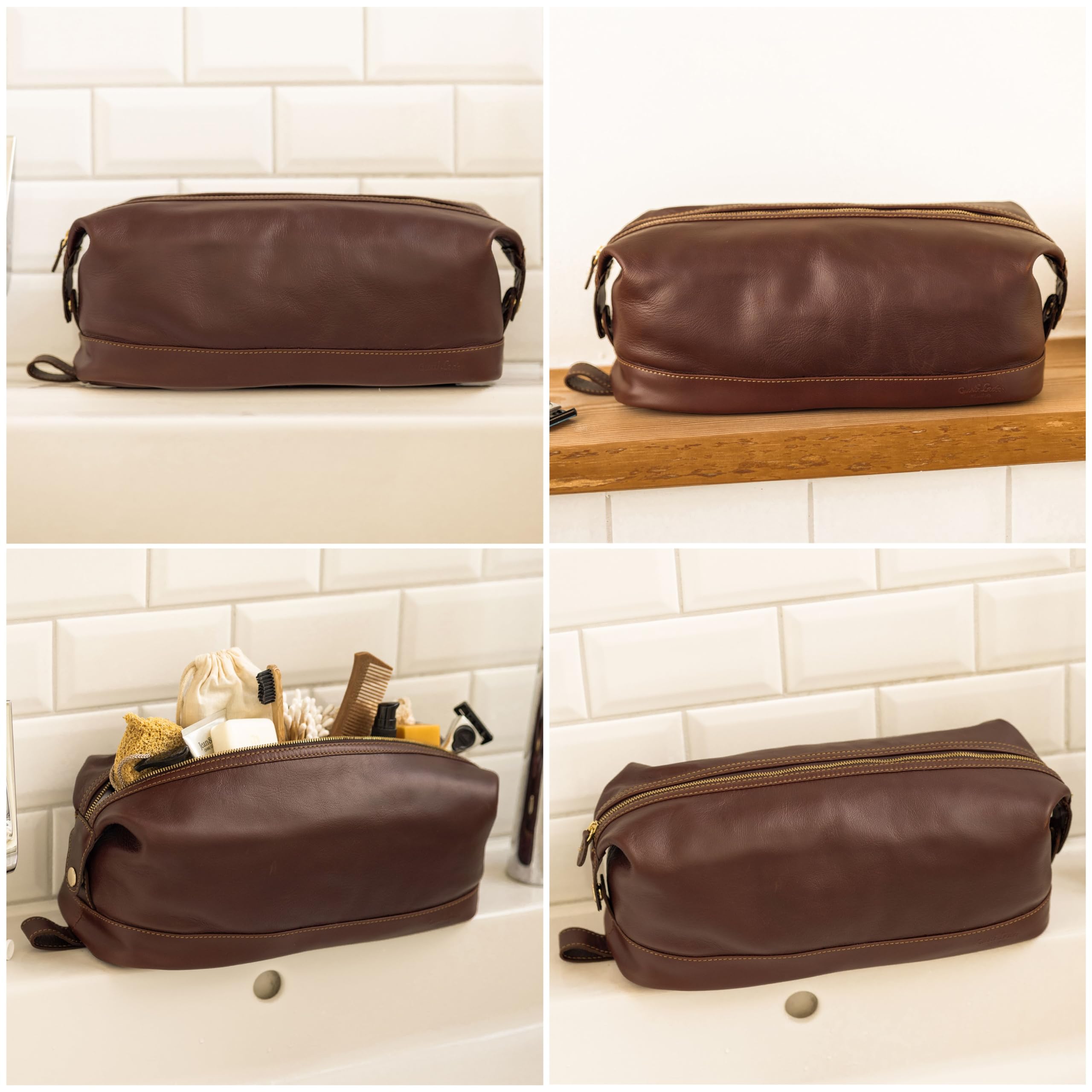 Gusti Waschtasche Leder - Anika Kulturtasche Kulturbeutel Kosmetiktasche Ledertasche groß für Damen Herren Braun Leder