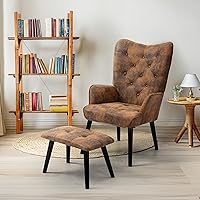 Vista 18 de ECOTOUGE Silla WingBack, silla de acento rústica con brazos tapizados, respaldo de botón para sala de estar (marrón)