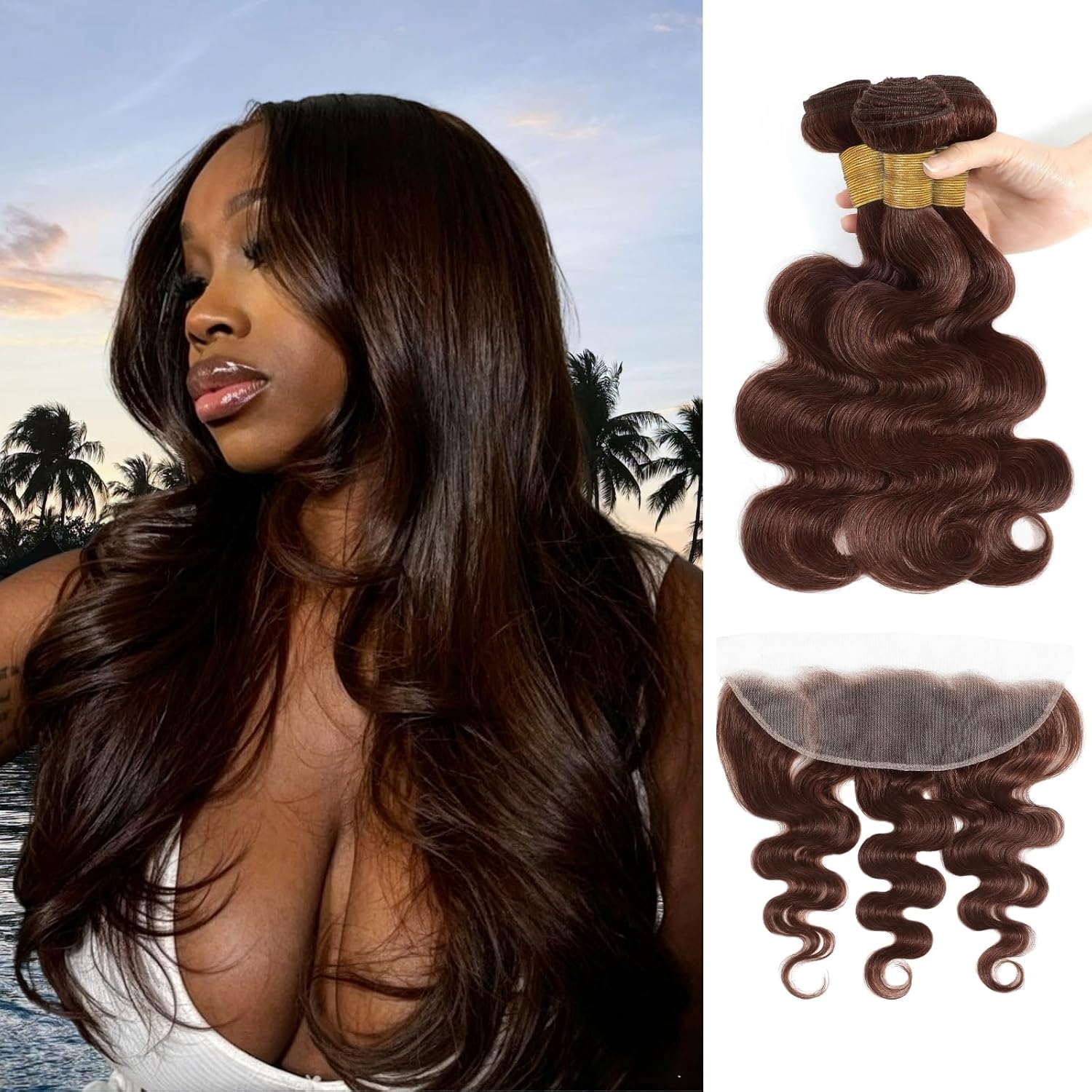 #4 Chocolate Brown Bundles with Frontal Human Hair Body Wave 20 22 24+20 Inch, 12A 100% Remy Hair Soft Glossy Medium Dark Brown 3 Bundles and 13X6 HD Lace Frontal Ear to Ear Free Part