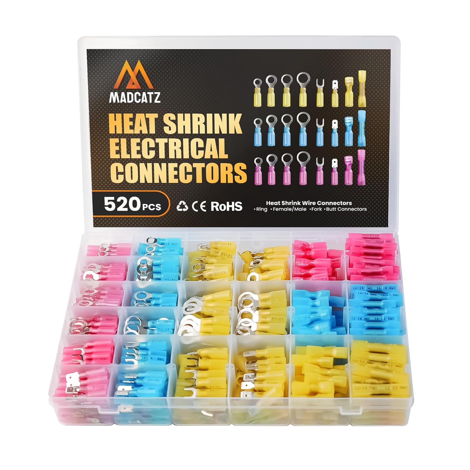 MADCATZ 520Pcs Heat Shrink Wire Connectors - Electrical Terminal Kit, Waterproof Automotive Marine Electrical Terminals Kit, Crimp Connector Assortment, Ring Fork Spade Splices