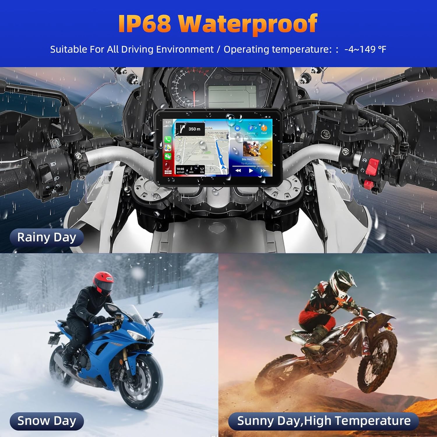 Motorcycle CarPlay screen in various weather conditions: rainy, snowy, and sunny