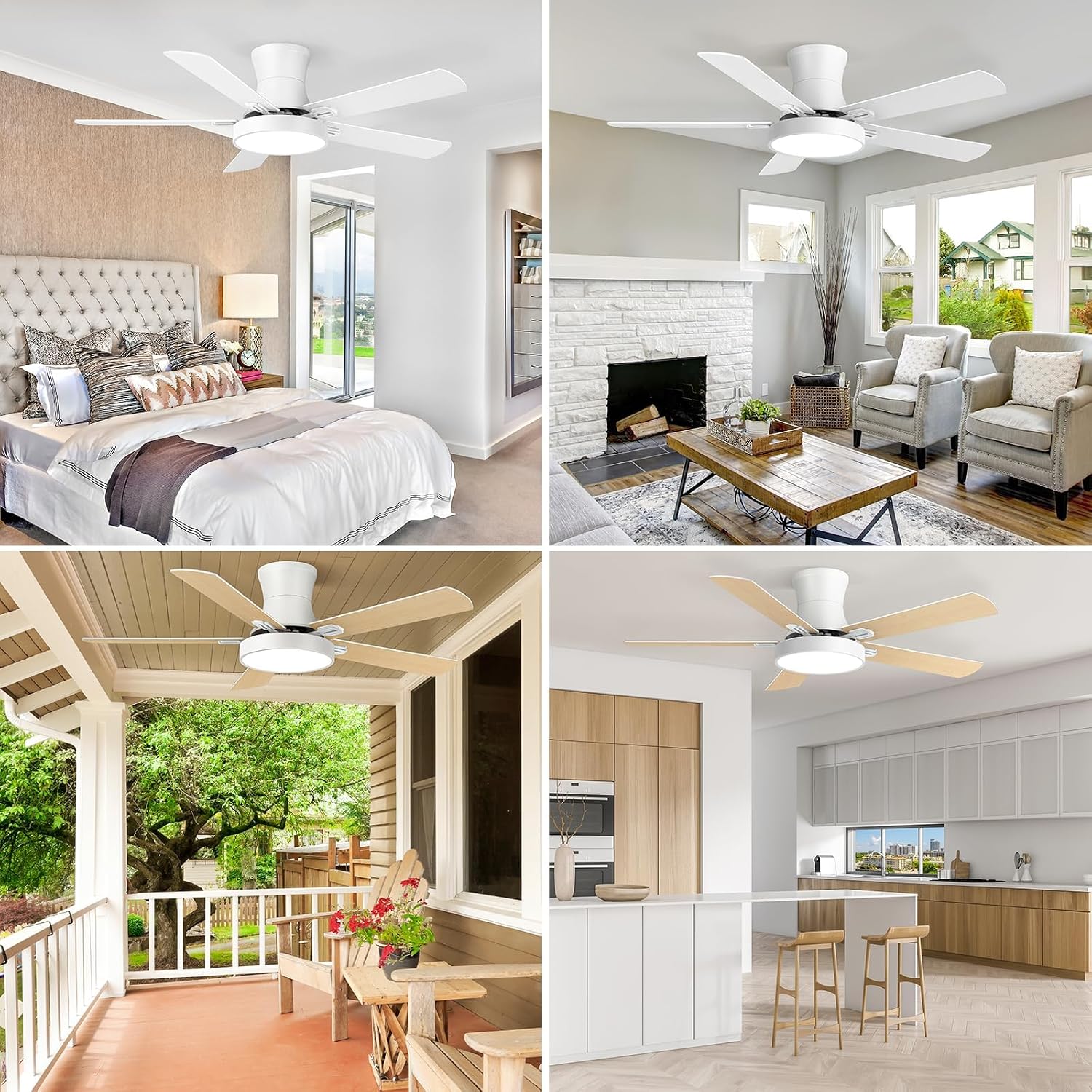 Ceiling Fans with Lights, 52 Inch Flush Mount Fan Light with Remote Control, 6 Speeds, DC Reversible Motor, Timing, 3 Color Temperature White Ceiling Fan for Bedroom Indoor Outdoor Use