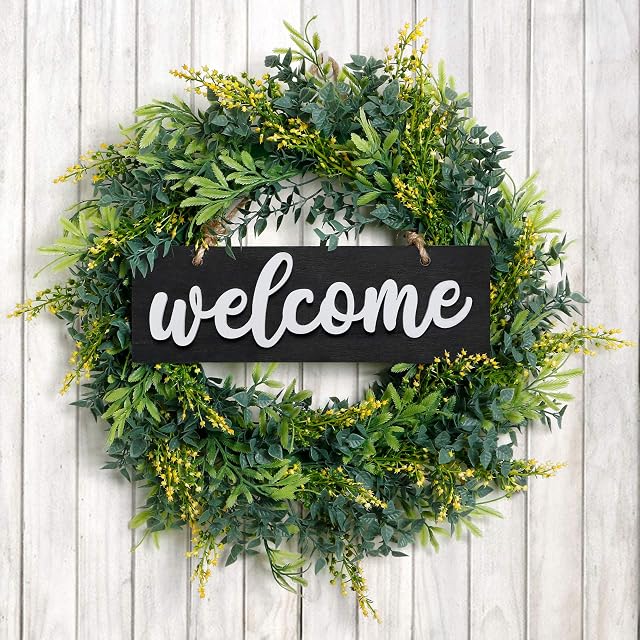Dremisland 20 Inch Artificial Eucalyptus Wreath - Welcome Wreath with Wooden Welcome Sign All-season Flowers Door Wreaths Farmhouse Garland for Front Door Window Home Decoration