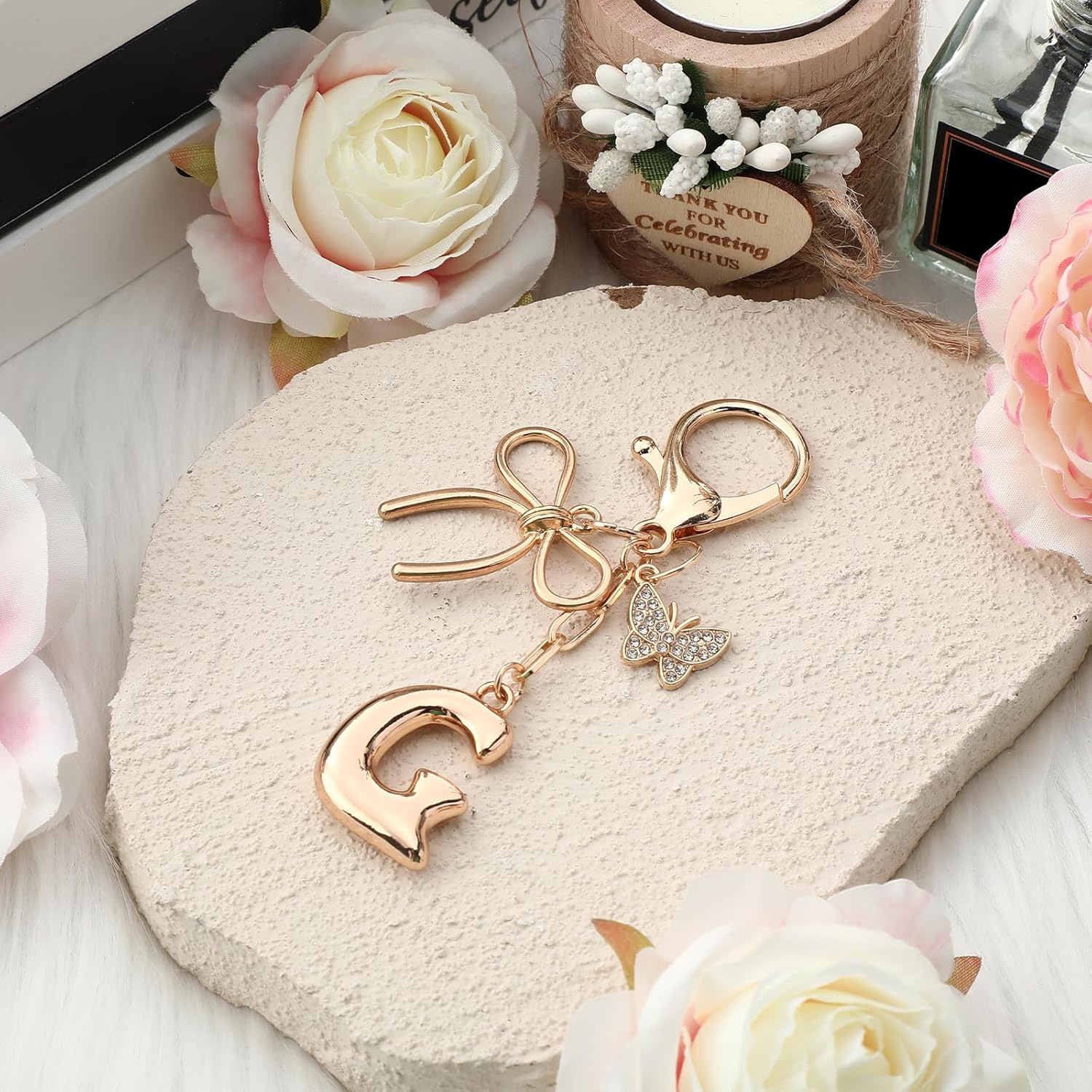 Bubble Initial Keychain with Bow & Butterfly - Gold Letter Bag Charms for Women, Cute Purse Handbag Accessories - Image 3