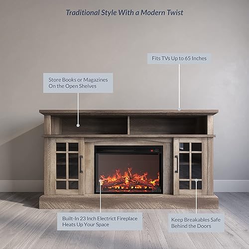 Miniatura 4 de BELLEZE Astorga, soporte para TV con chimenea eléctrica, rústica y tradicional, centro de entretenimiento multimedia para TV de hasta 65 pulgadas