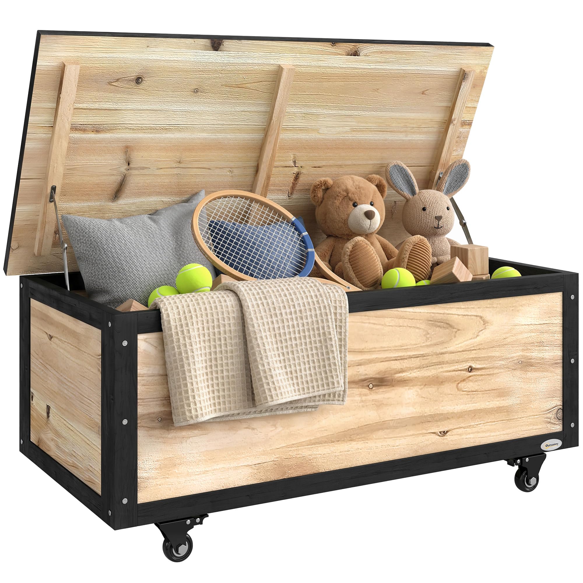 Outsunny Panca Contenitore da 121L con 4 Rotelle e Maniglie, Contenitore da Giardino in Legno, 100x50x43cm, Colore Legno