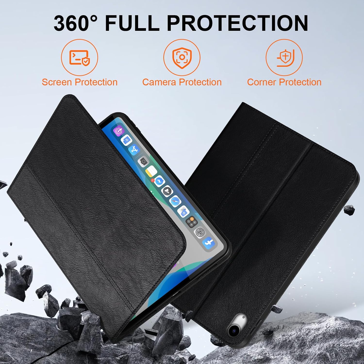 Premium Genuine Leather Case for iPad Air 11" M2/M3/M4 (2024-2026) & 10.9" 4th/5th Gen (2020/2022) - Multi-Angle Stand Cover with Auto Wake/Sleep, Slim Folio - Black