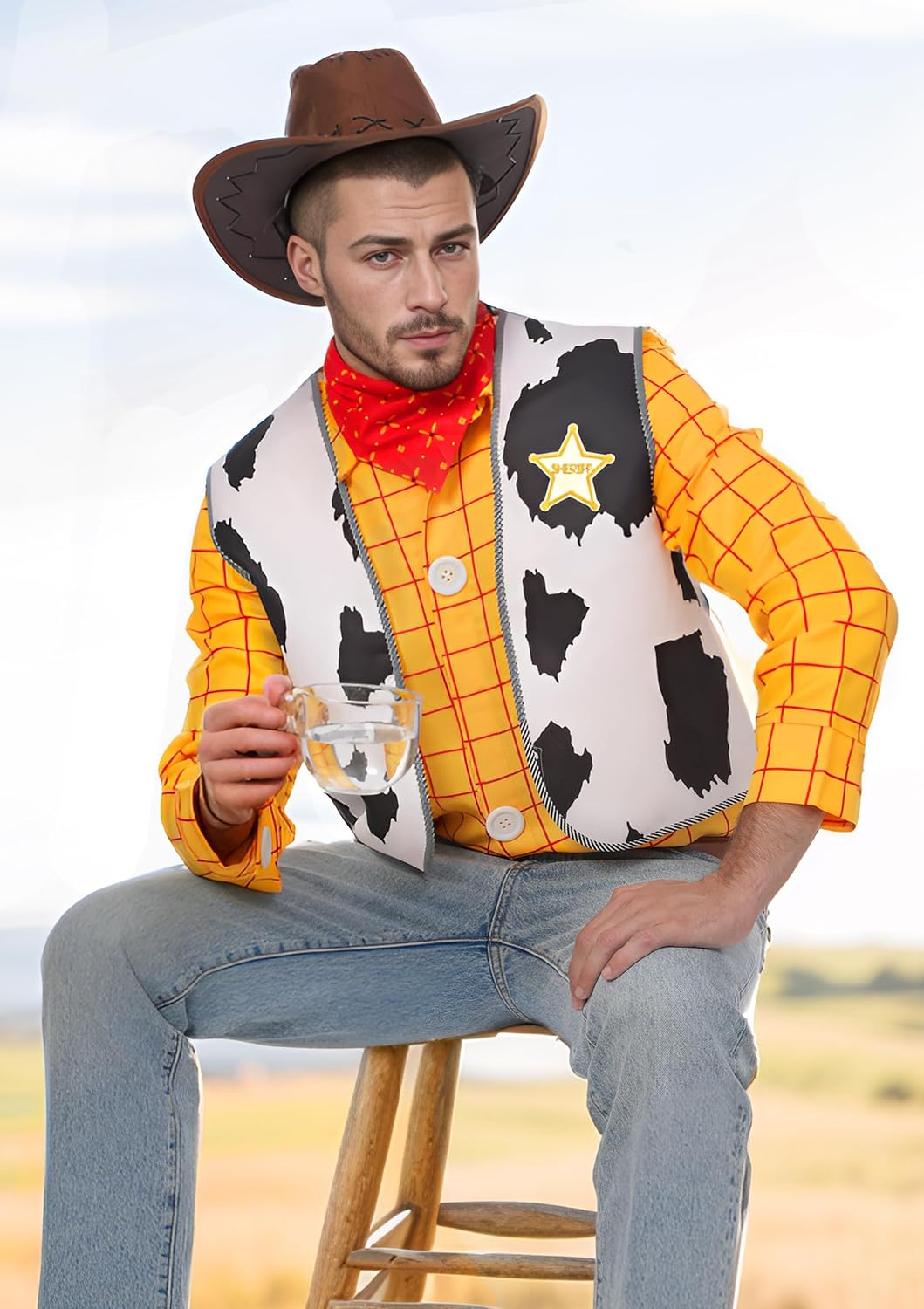 Cowboy Costume Tartan Shirt Men's Lapel T-Shirt Button Down Vest Scarf