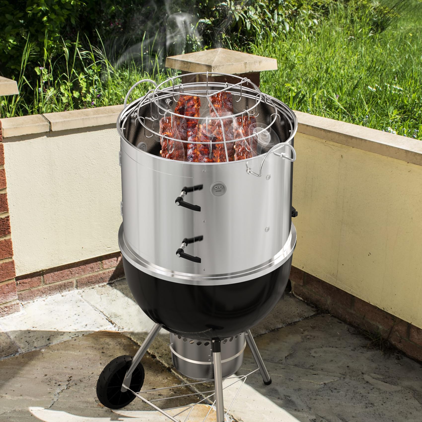 Onlyfire Sistema de Cocina de Cámara de Humo Central de Acero Inoxidable para Parrilla de Carbón Weber 47cm Kettle, Convierte tu Hervidor en Una Ahumador Barbacoa de Carbón