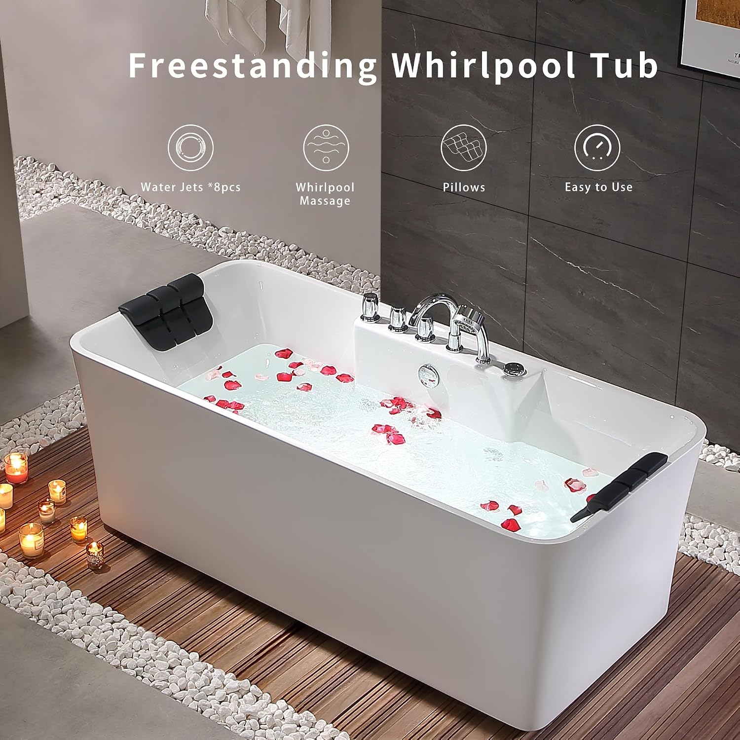Empava 67-Inch Acrylic Freestanding Whirlpool Bathtub Gracefully Rectangular Shaped with 8 Water Jets Soaking SPA, Double-Ended Massage Bathtubs with Two Black Pillows, ETL Certified, White