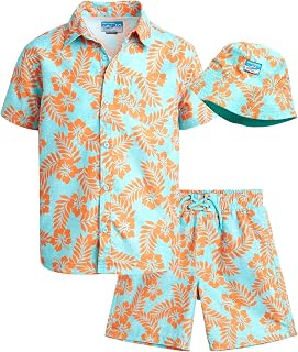Boys Summer Shorts Set - 3 Piece Button Down Hawaiian Shirt, Swim Trunks, Bucket Hat - Boys Hawaiian Outfit, 5-14