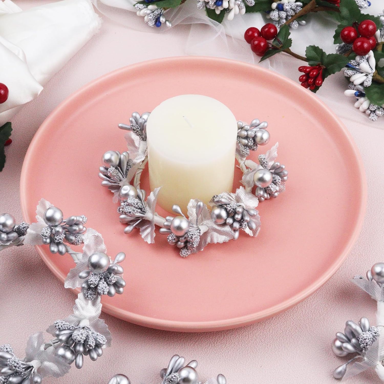Brihaspory White Christmas Candle Rings Set of 4, Handmade Silver Berry Mini Candle Wreaths for New Year Dinner Party Table Centerpieces
