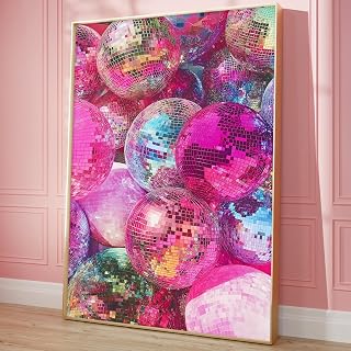 Pink Disco Ball Wall Art Canvas Trendy Funky Wall Prints Aesthetic Funky Disco Posters Vintage Fashion Pictures Disco Ball Painting Pink Preppy Artwork Colorful Disco Ball Canvas 16x24inch No Frame