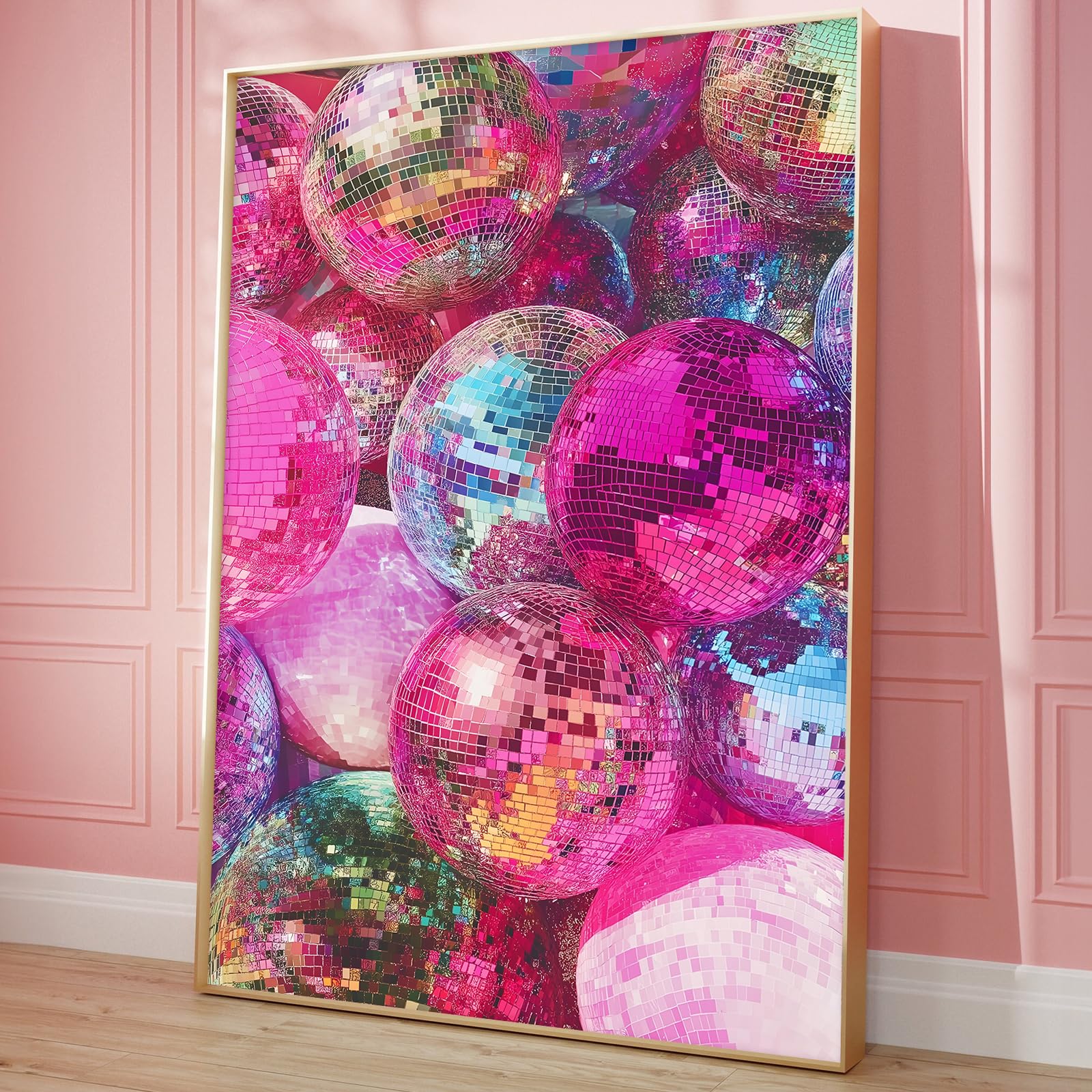 Pink Disco Ball Wall Art Canvas Trendy Funky Wall Prints Aesthetic Funky Disco Posters Vintage Fashion Pictures Disco Ball Painting Pink Preppy Artwork Colorful Disco Ball Canvas 16x24inch No Frame