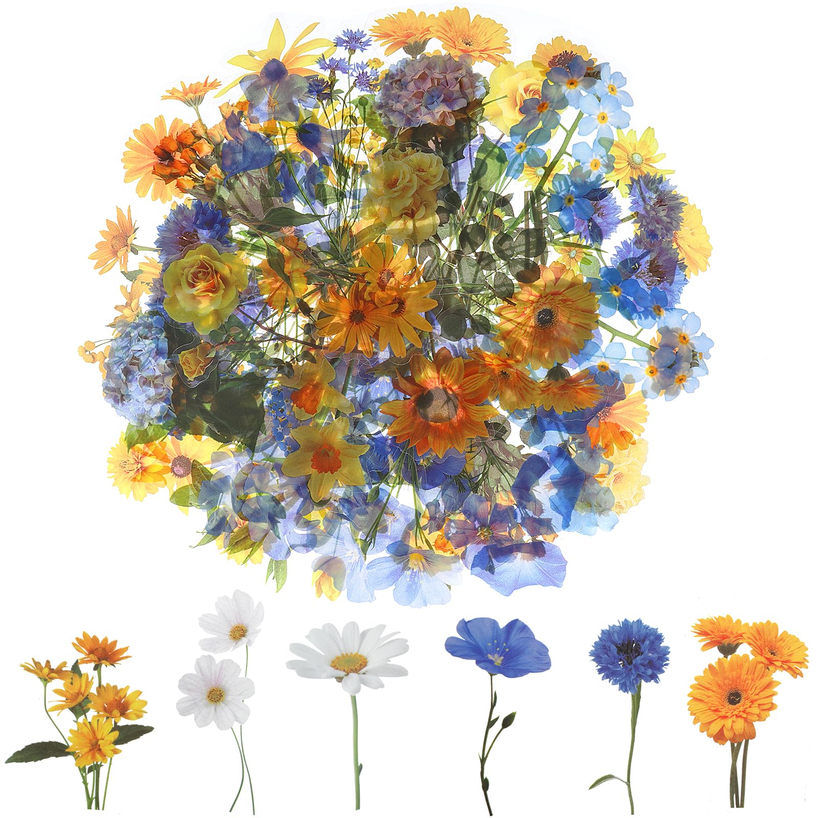 120Pcs Flower Stickers for Scrapbooking, Transparent Floral Stickers Set for Scrapbook Supplies,Craft, Card, Laptop, (60 Styles) (Yellow Theme)