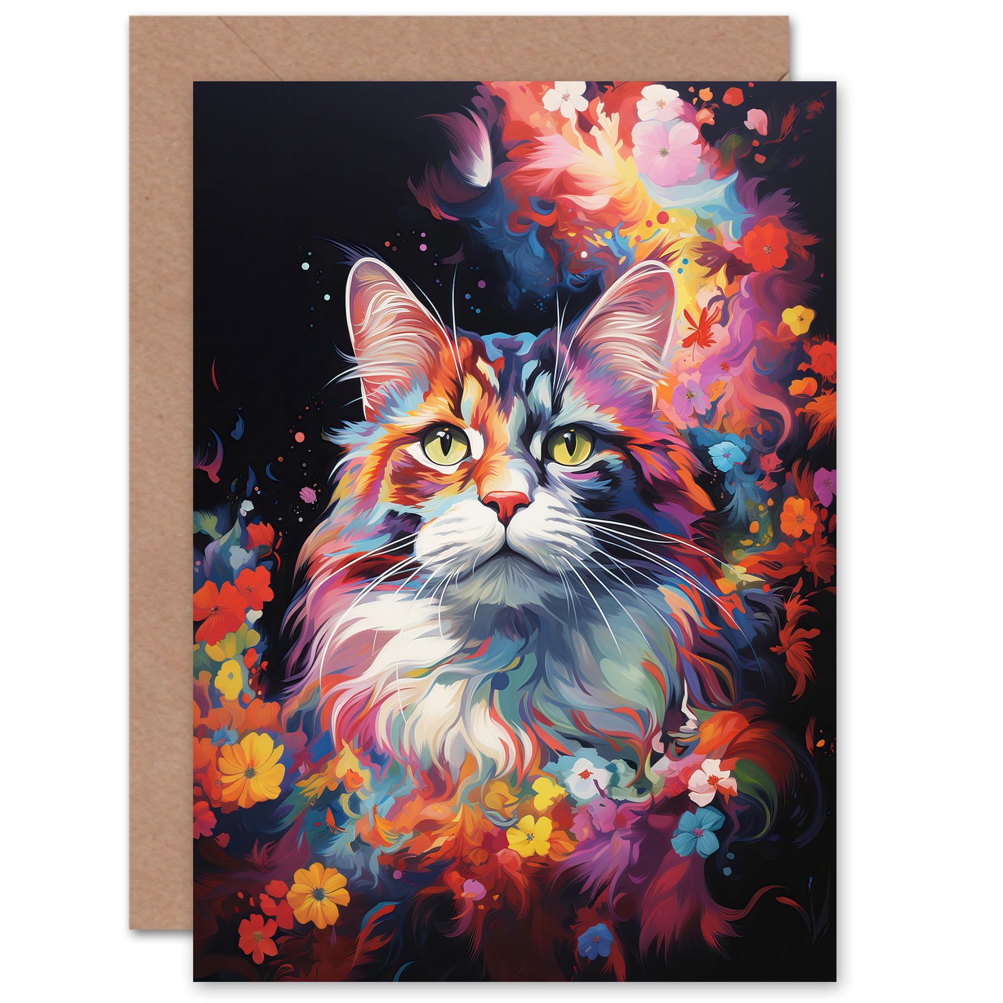 Artery8 Norwegian Forest Cat Lover Gift Pet Portrait Colourful Artwork Painting Sealed Greeting Card Plus Envelope Blank inside