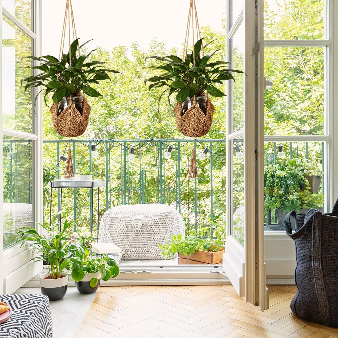 Macrame Plant Hangers Jute Crochet Plant Hanger Indoor with 2 Hooks Hanging Planter Basket Flower Pots Holder for Boho Home Décor 2Pcs