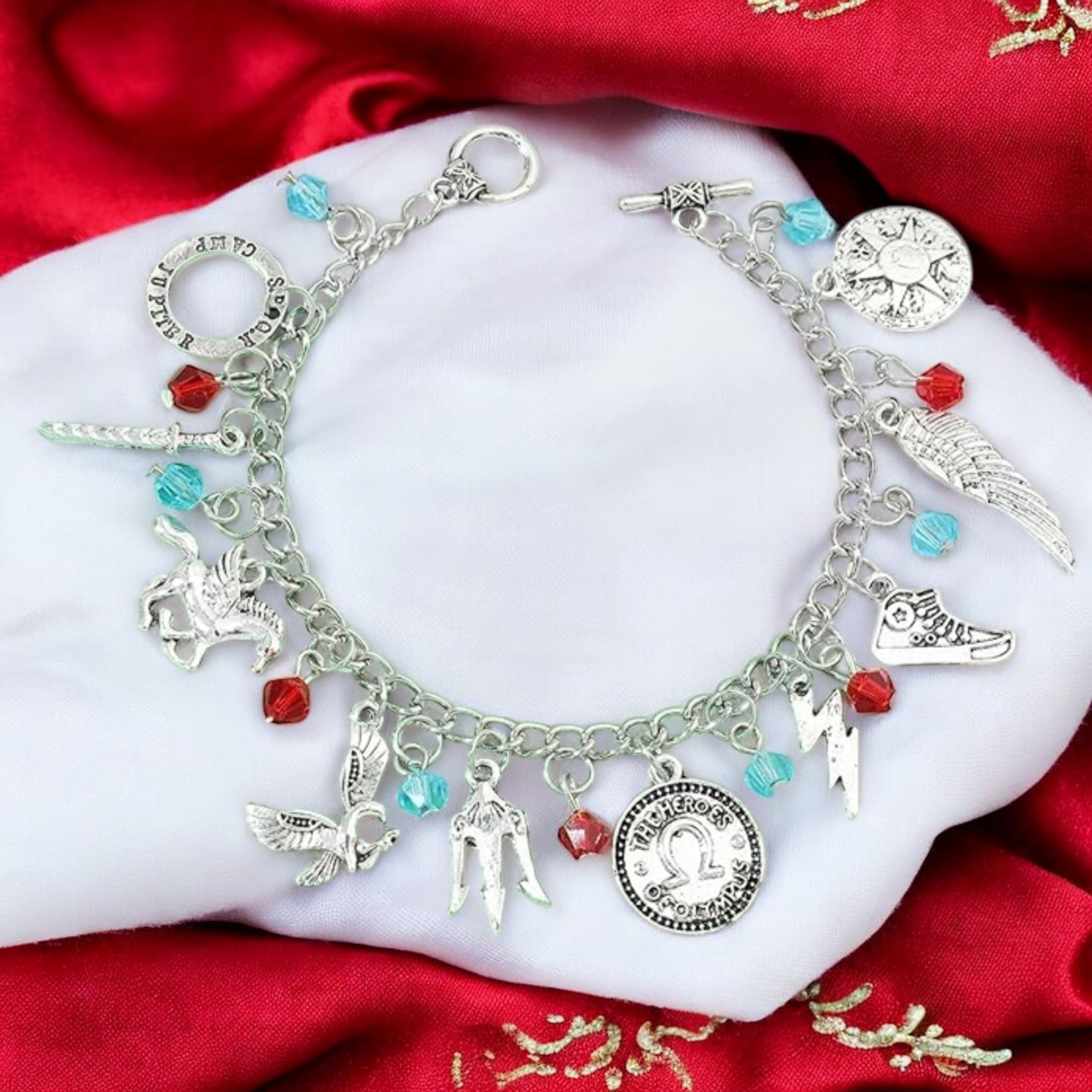 PRINCESS CUTENESS STORE Percy Jackson Camp Half Blood Poseidon Olympian Demigod Chunky Charm Silver Tone Bracelet - Image 5