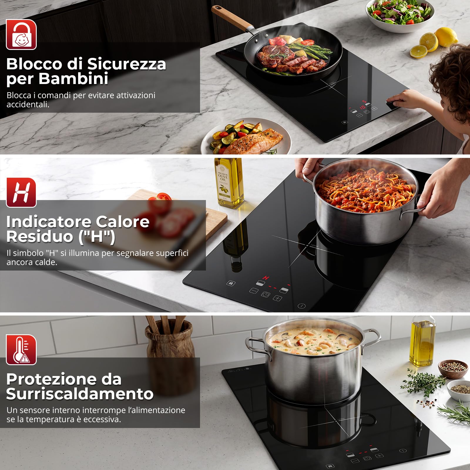 Piano Induzione 2 Fuochi da Portatile/Incasso, 3000W Piastra Induzione 2 Fuochi, Comando Touch, 9 Livelli di Potenza, Timer 99 Min, Spegnimento Automatico, Sicurezza Bambini, con Cavo di Alimentazione