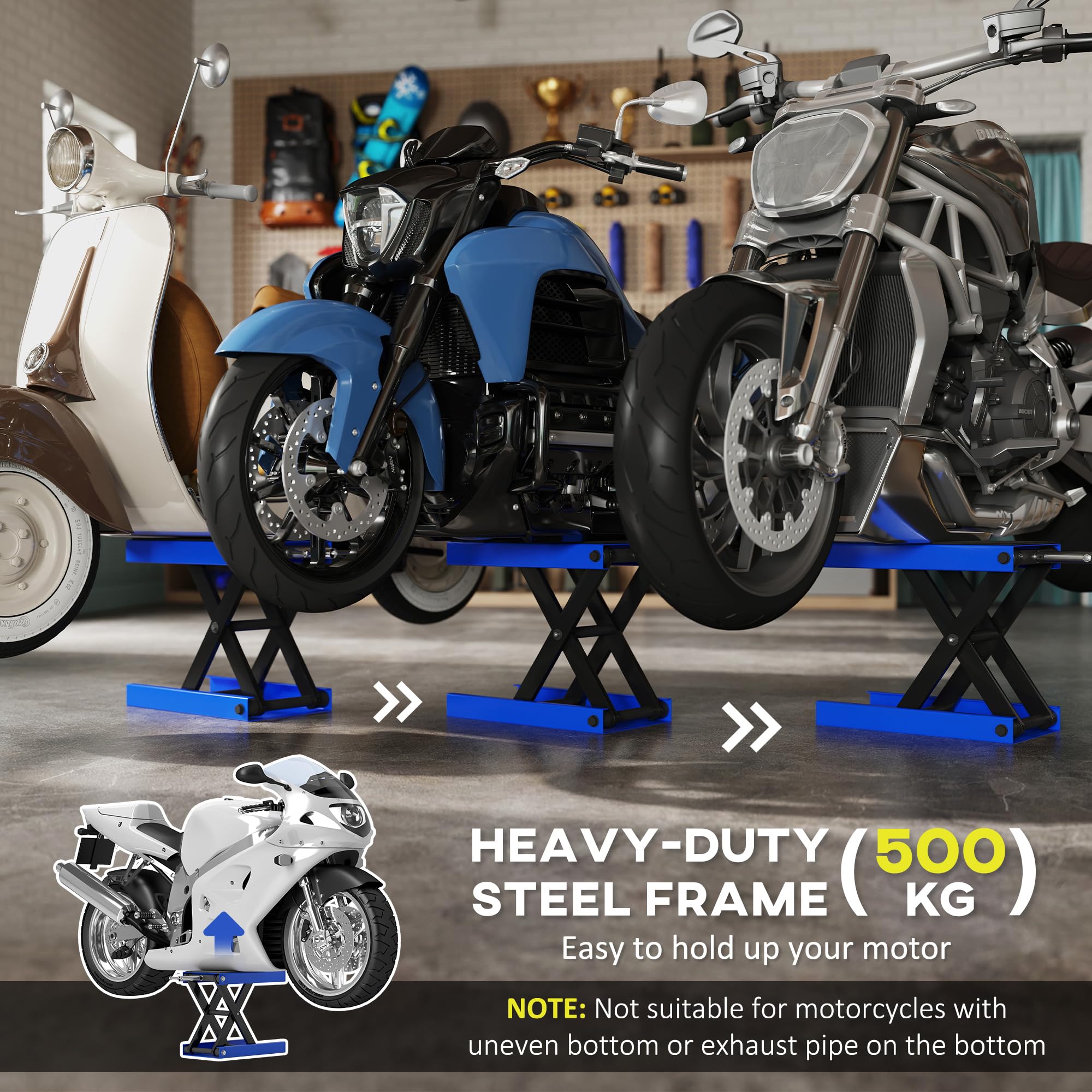 DURHAND Podnośnik nożycowy do motocykla, 500 kg, z regulacją wysokości, z antypoślizgowym szerokim pokładem, wytrzymały stalowy podnośnik do naprawy motocykla, stojak do domowego garażu, niebieski
