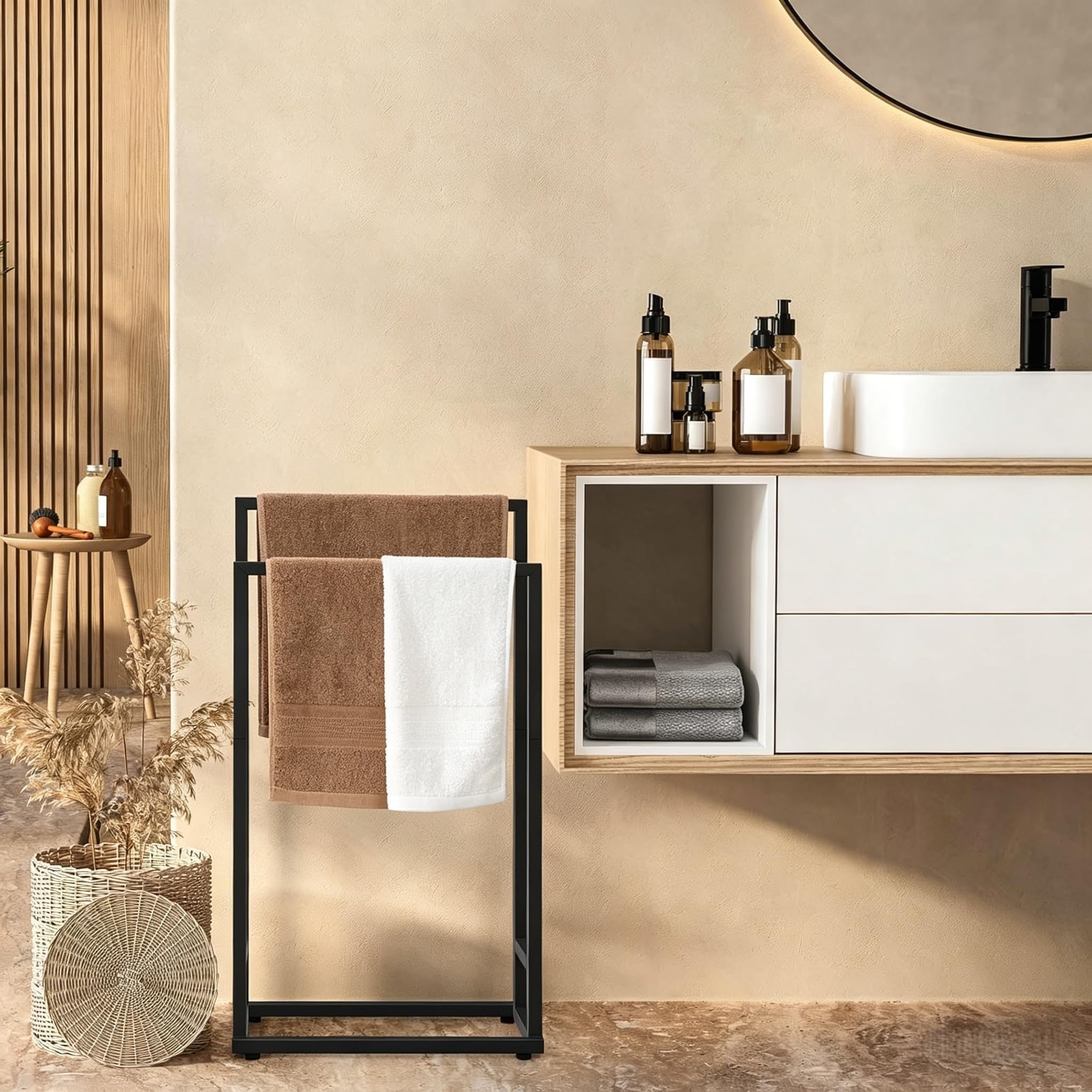 smusei Porte Serviette sur Pied Conception à Double Rail Porte Serviette Salle de Bain sur Pied avec 4 Pieds Réglables pour Piscines Balcons Salons Chambres (Noir, 41 x 21 x 74 cm)